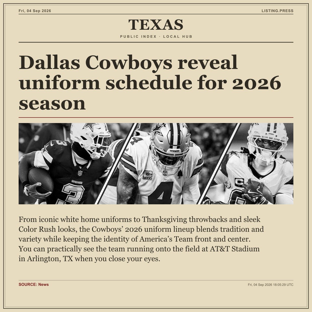Dallas Cowboys reveal uniform schedule for 2026 season