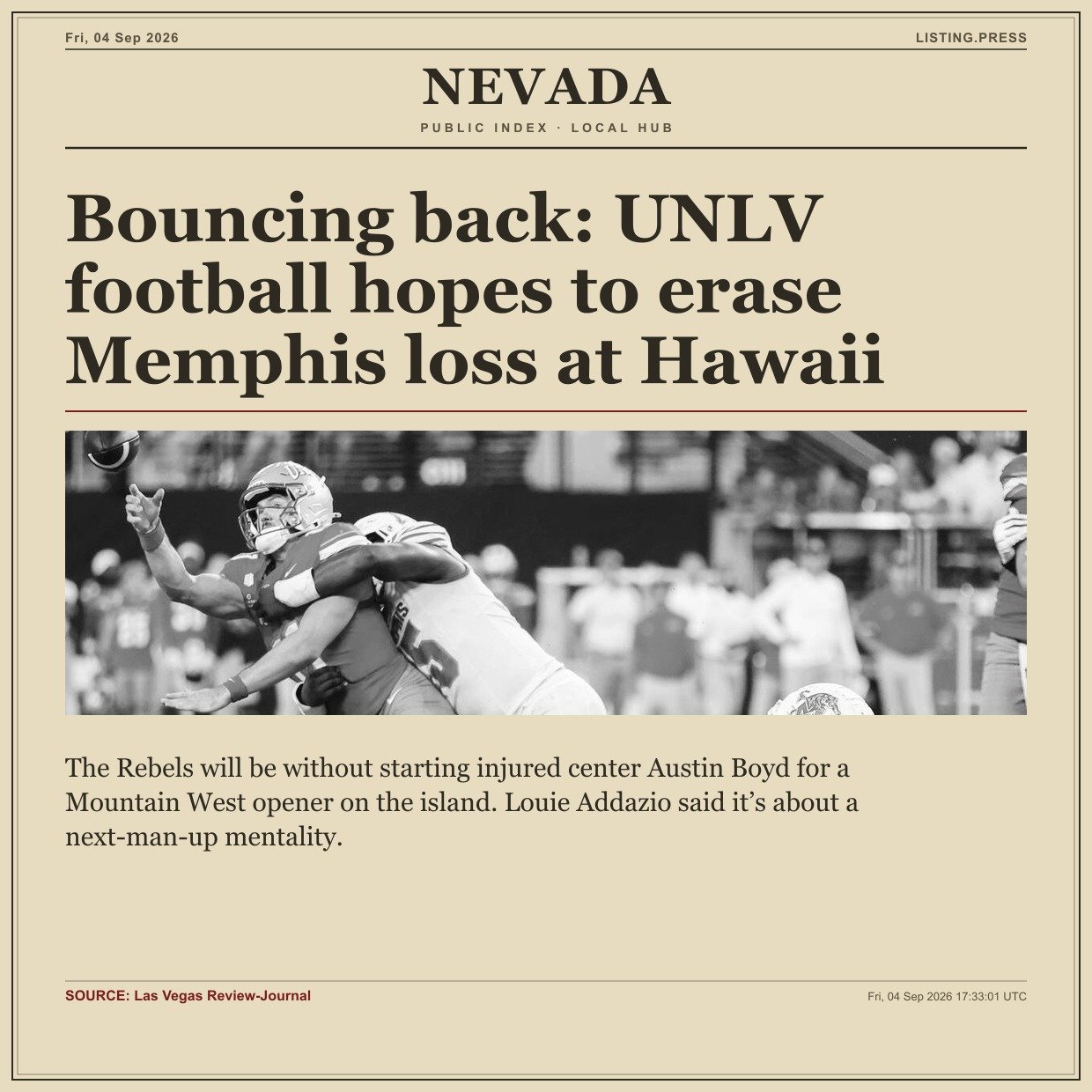 Bouncing back: UNLV football hopes to erase Memphis loss at Hawaii