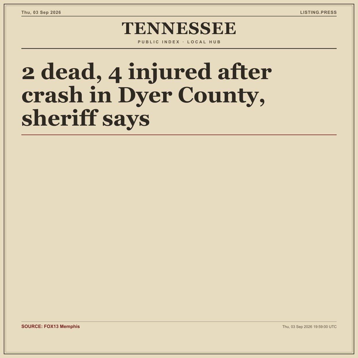 2 dead, 4 injured after crash in Dyer County, sheriff says