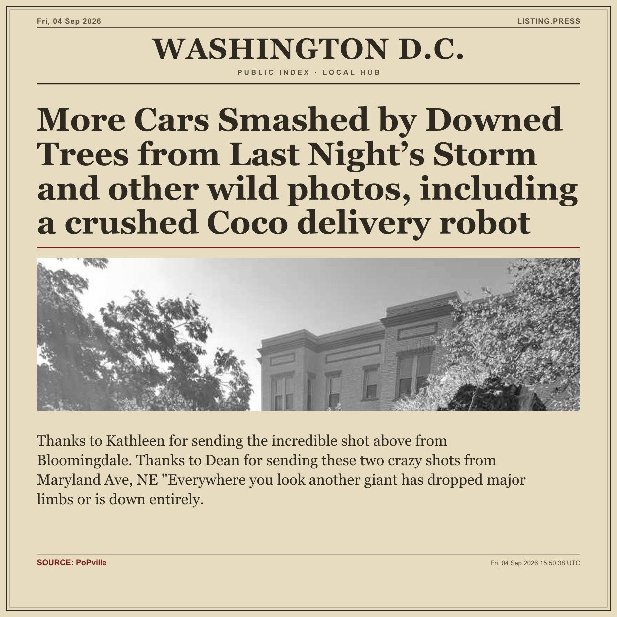More Cars Smashed by Downed Trees from Last Night’s Storm and other wild photos, including a crushed Coco delivery robot