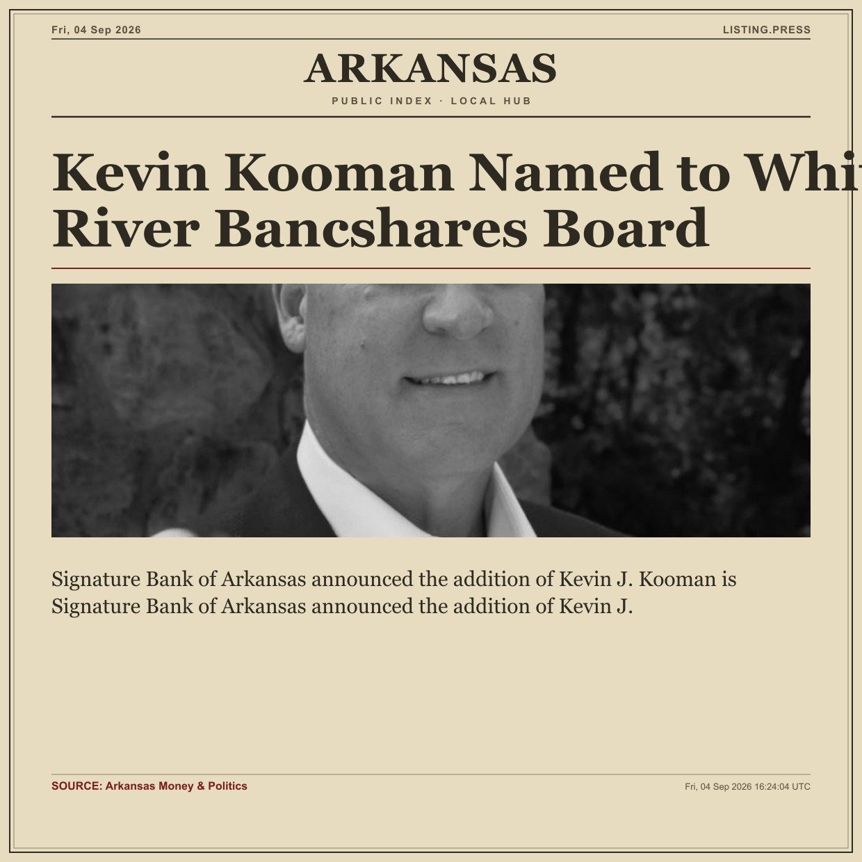 Kevin Kooman Named to White River Bancshares Board