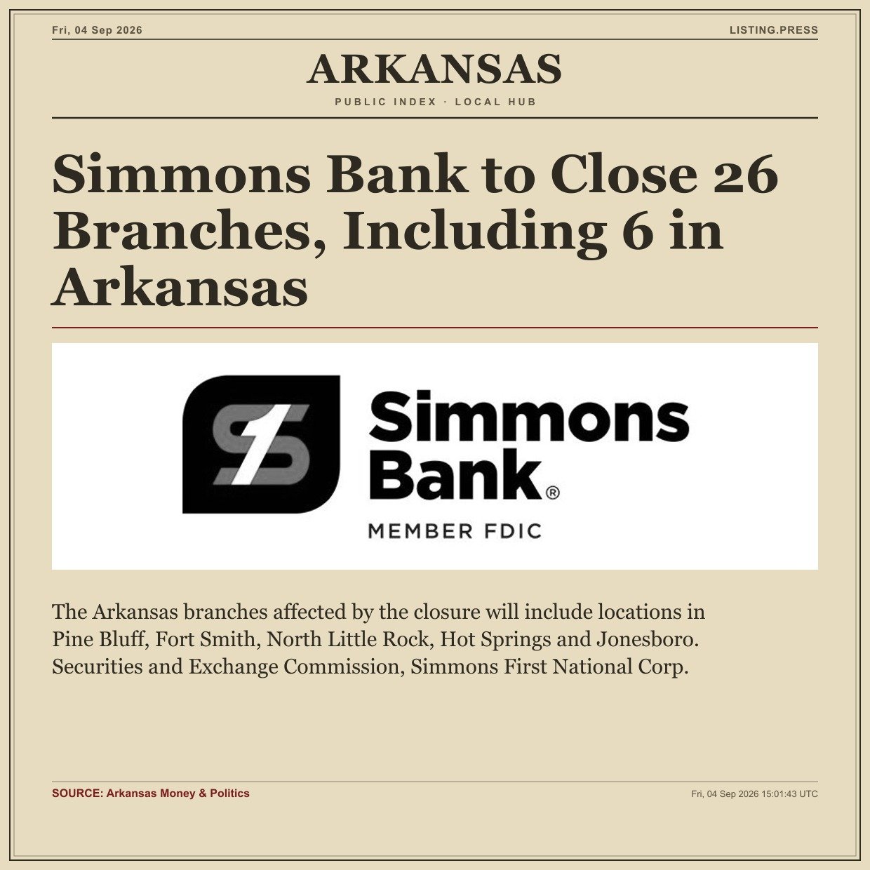 Simmons Bank to Close 26 Branches, Including 6 in Arkansas