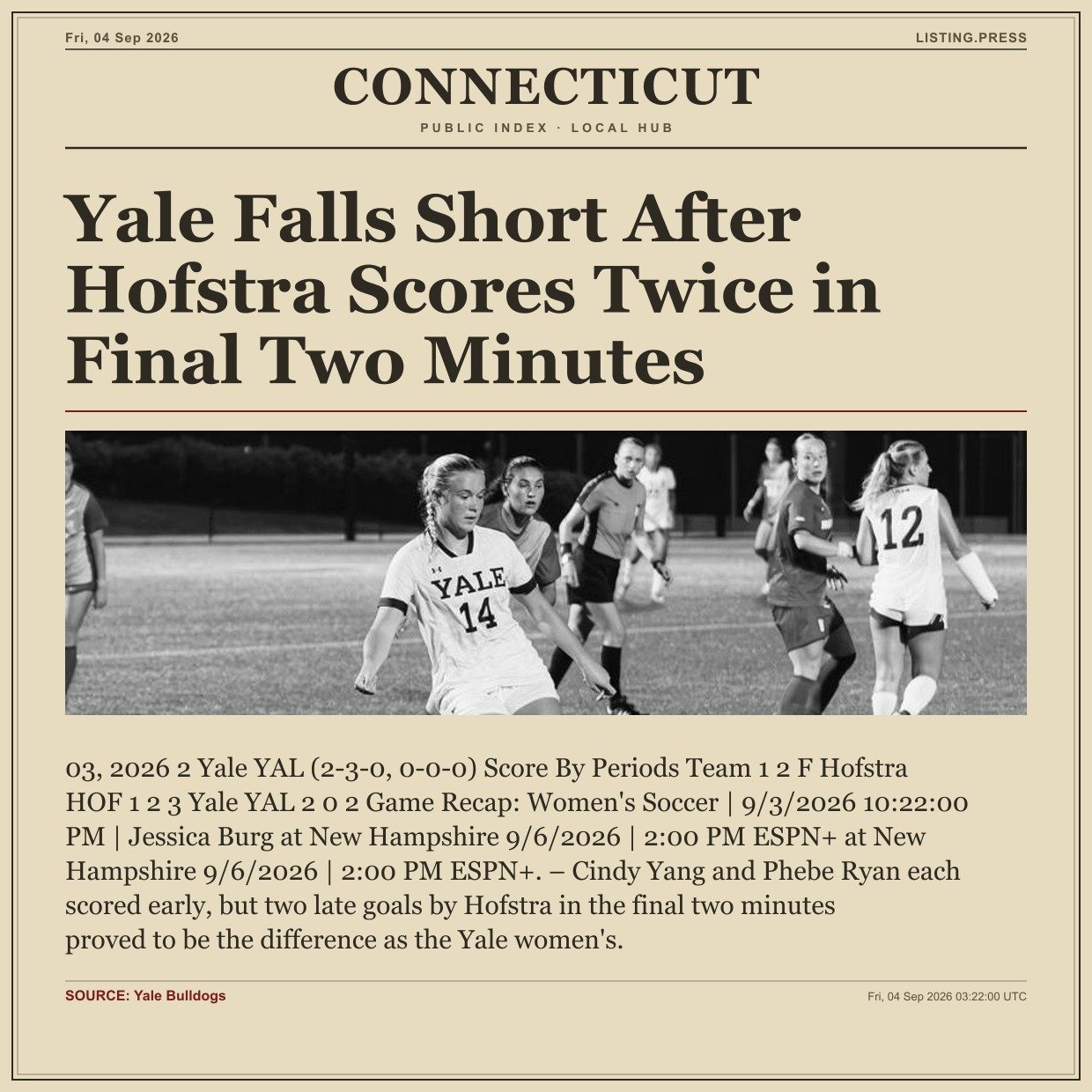 Yale Falls Short After Hofstra Scores Twice in Final Two Minutes