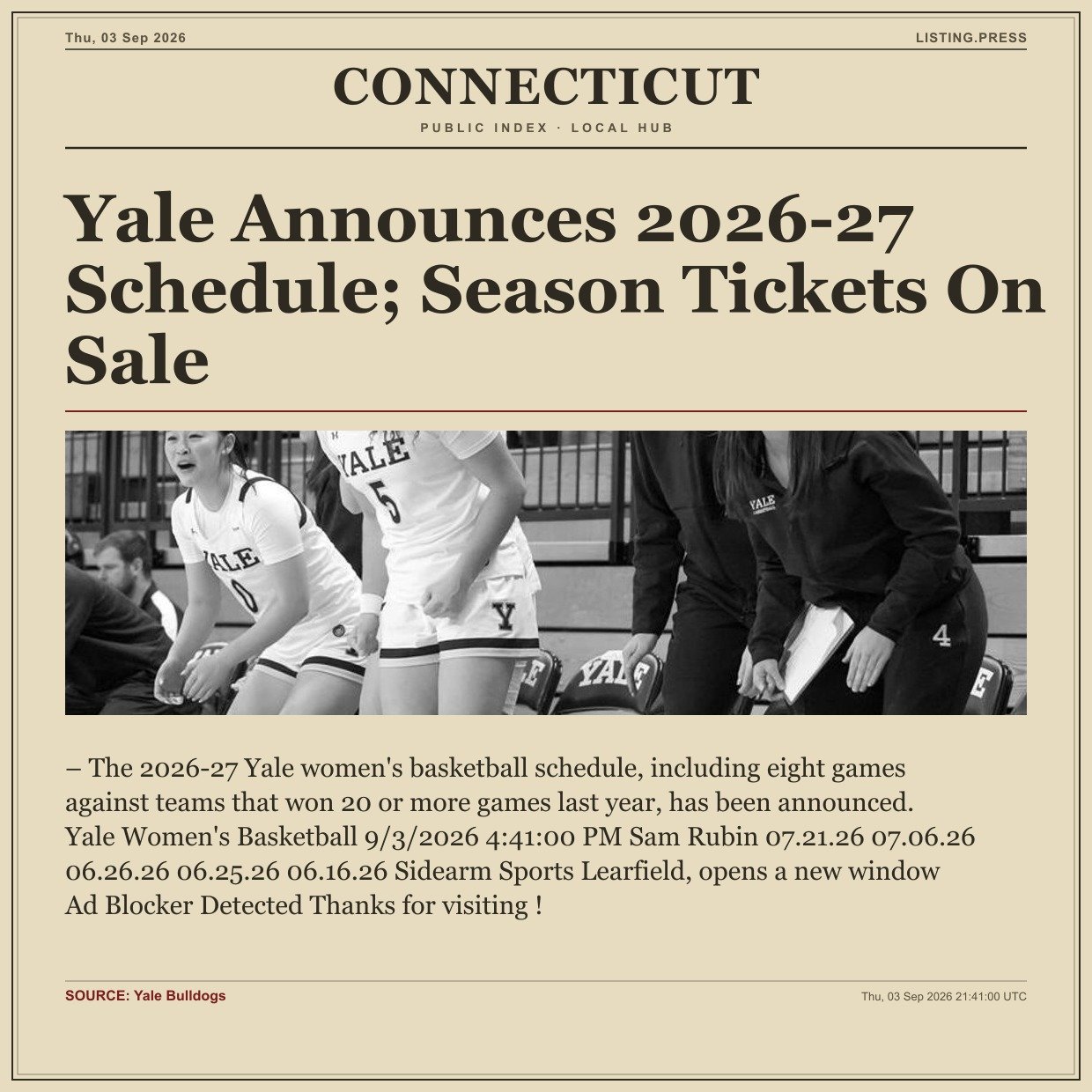 Yale Announces 2026-27 Schedule; Season Tickets On Sale
