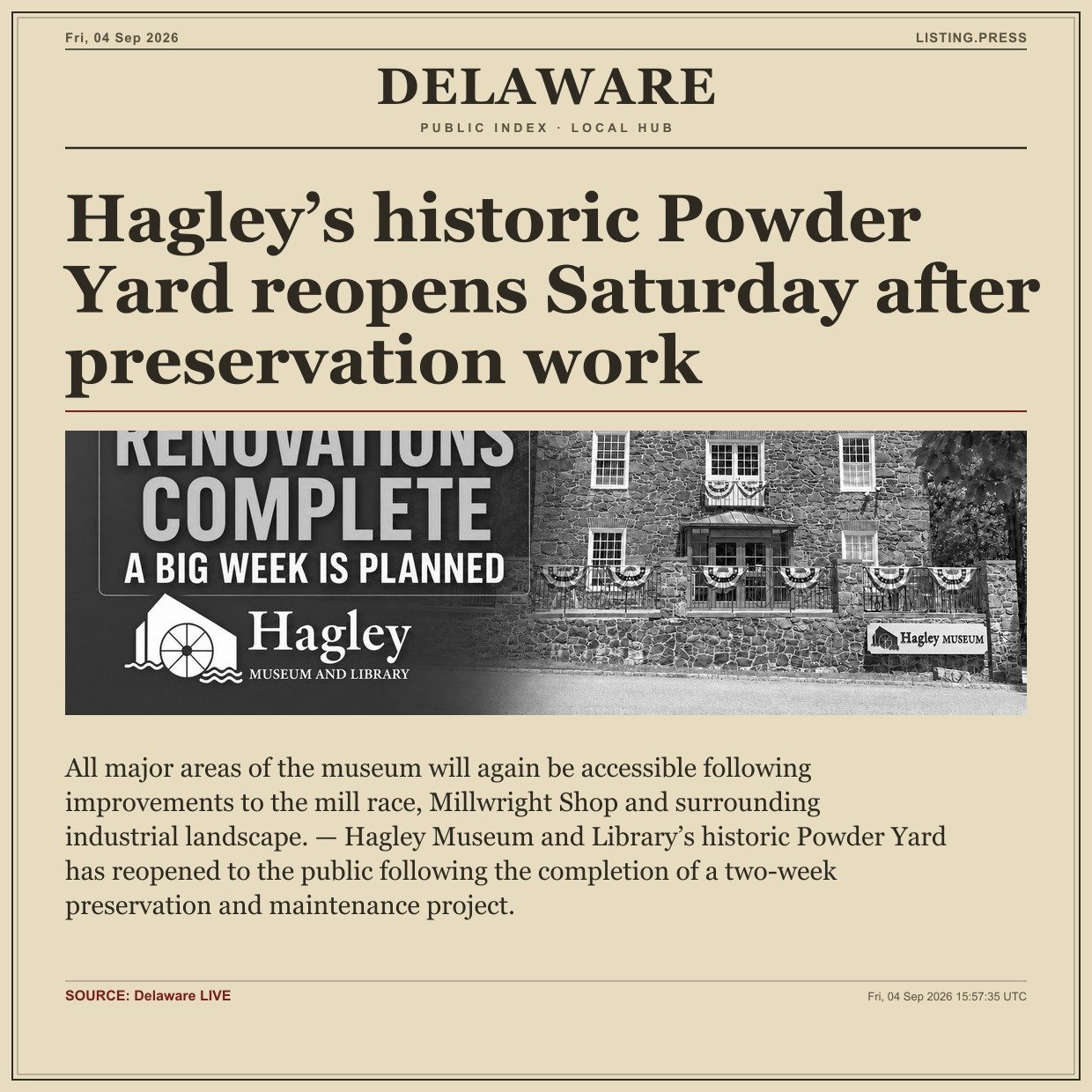 Hagley’s historic Powder Yard reopens Saturday after preservation work