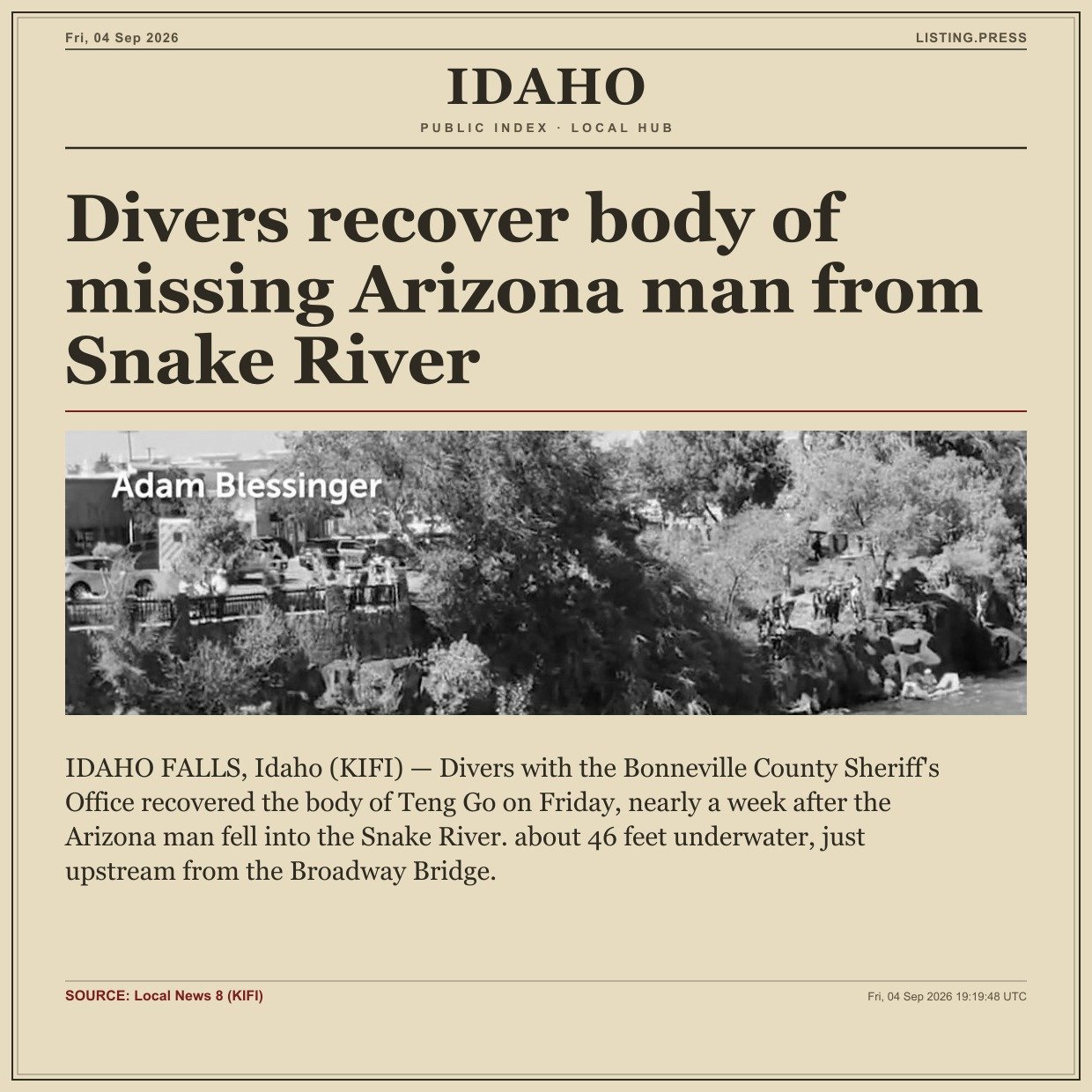 Divers recover body of missing Arizona man from Snake River