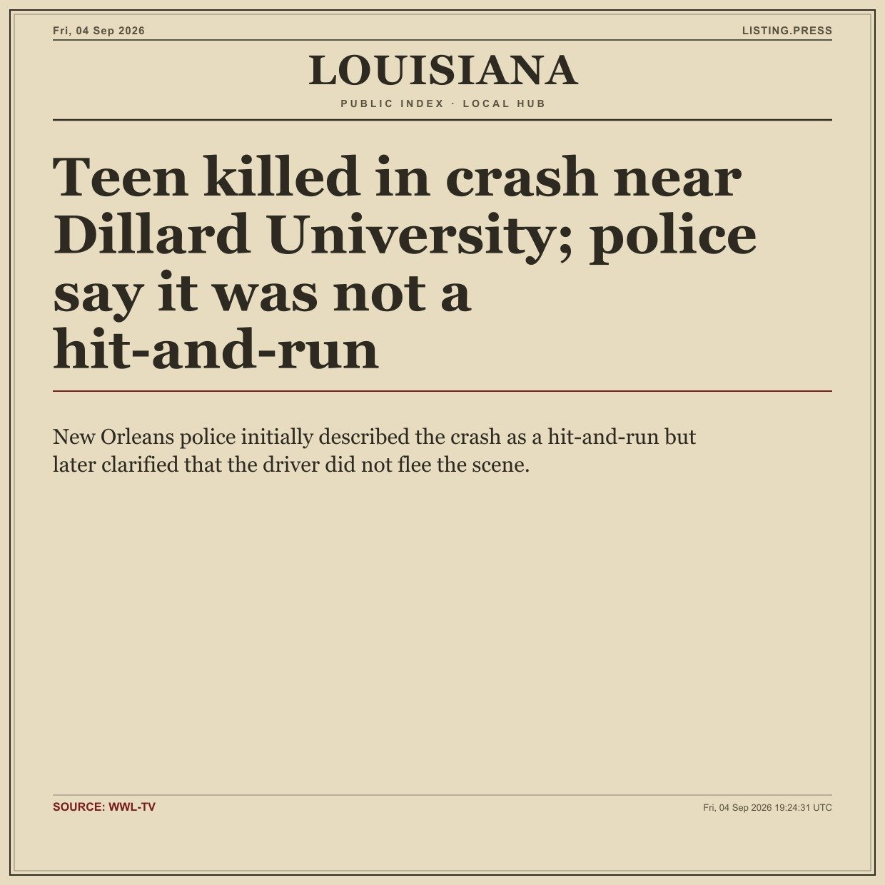 Teen killed in crash near Dillard University; police say it was not a hit-and-run