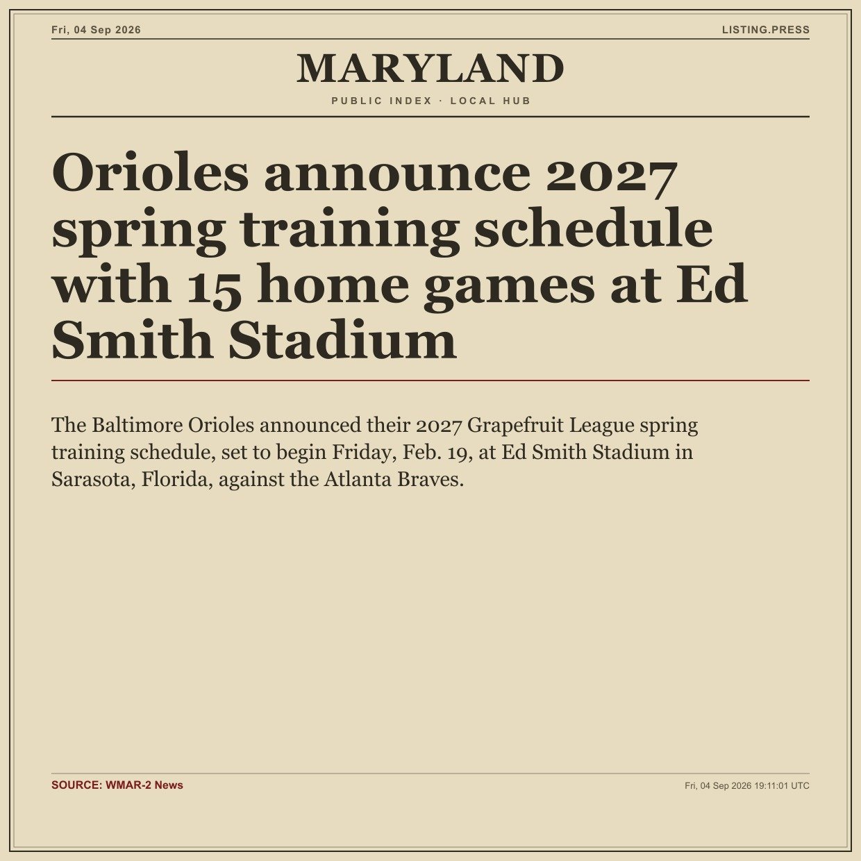 Orioles announce 2027 spring training schedule with 15 home games at Ed Smith Stadium