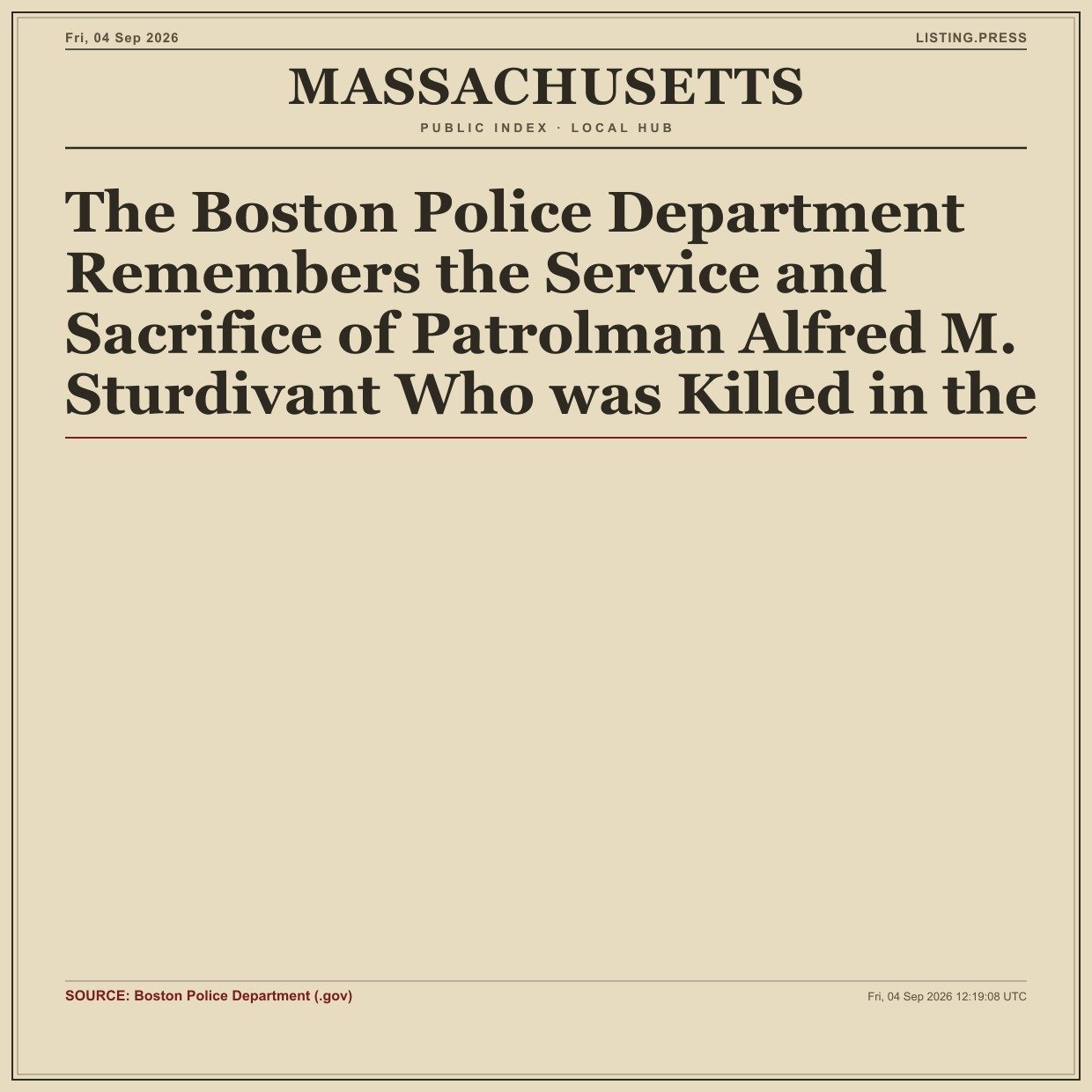 The Boston Police Department Remembers the Service and Sacrifice of Patrolman Alfred M. Sturdivant Who was Killed in the
