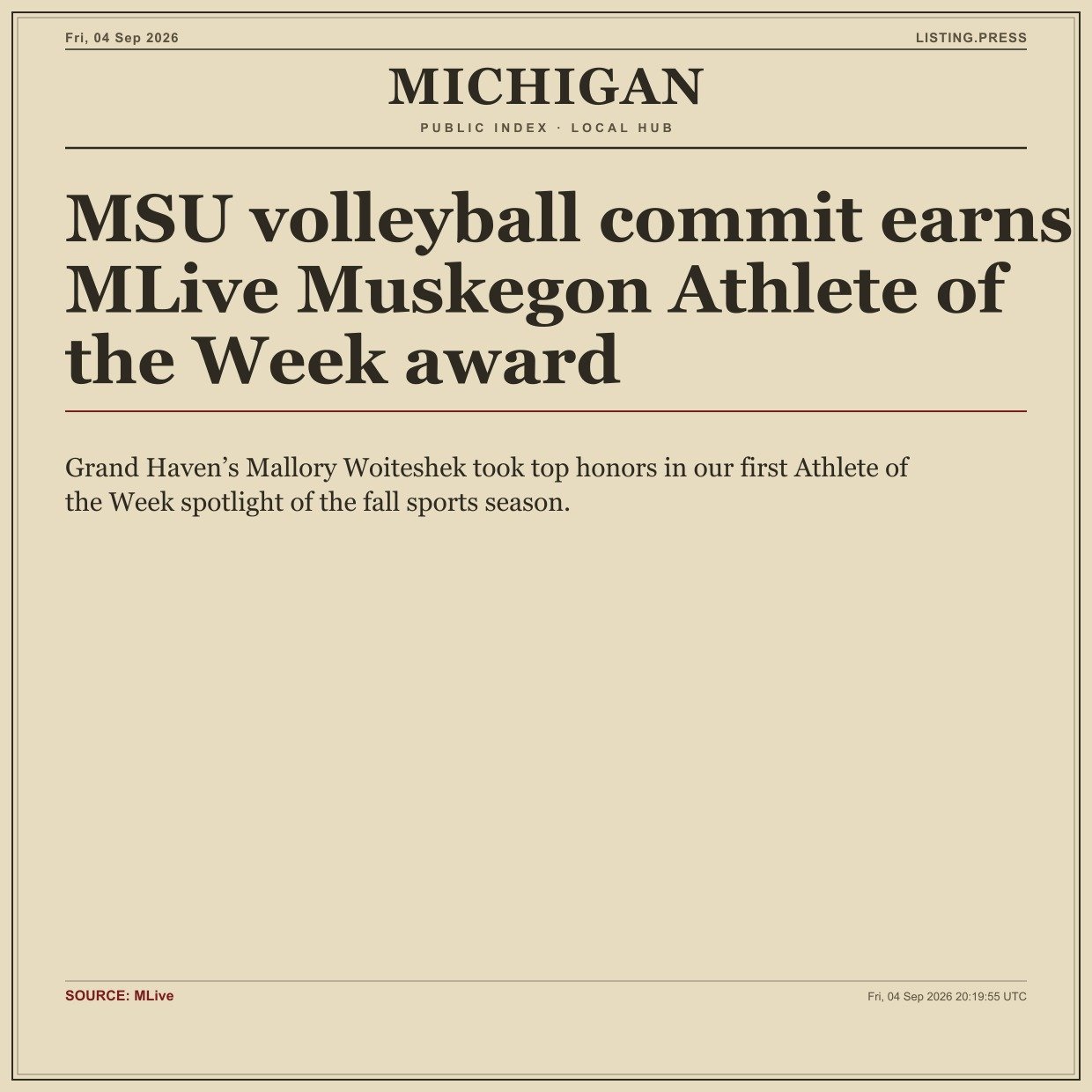 MSU volleyball commit earns MLive Muskegon Athlete of the Week award