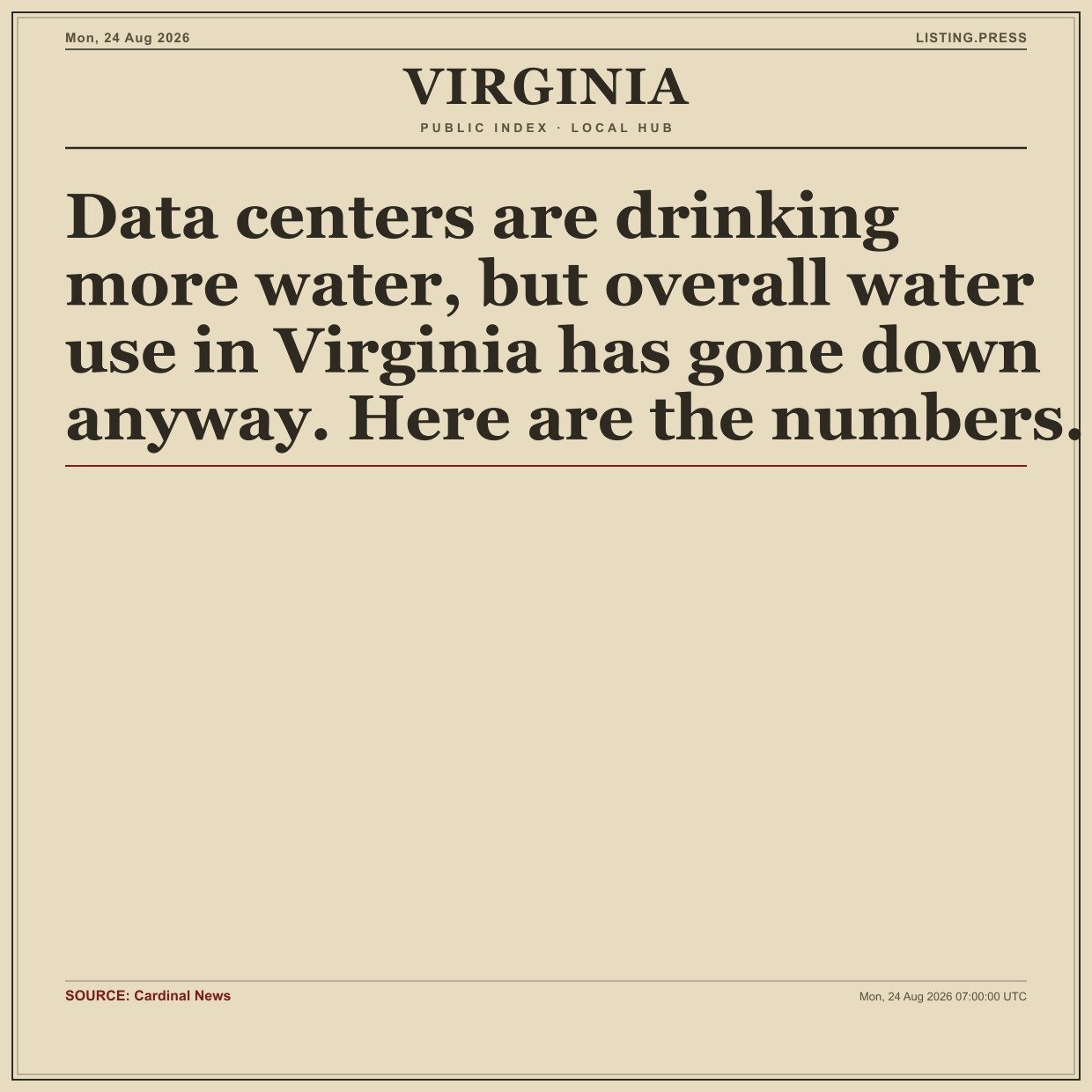 Data centers are drinking more water, but overall water use in Virginia has gone down anyway. Here are the numbers.