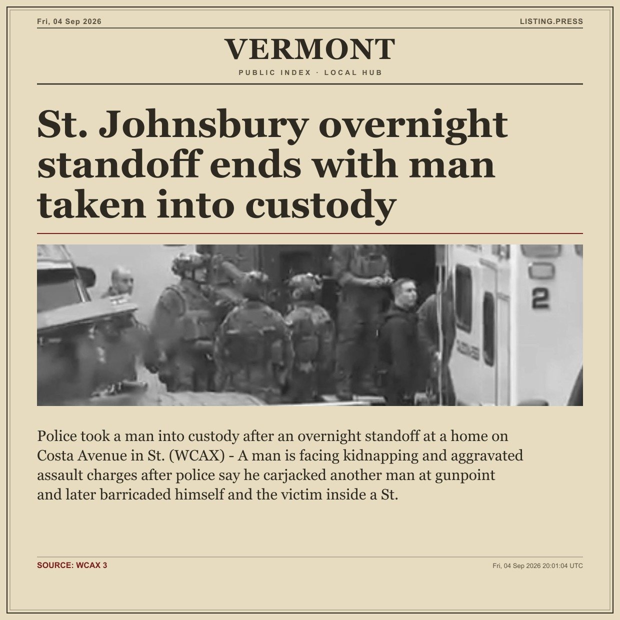 St. Johnsbury overnight standoff ends with man taken into custody