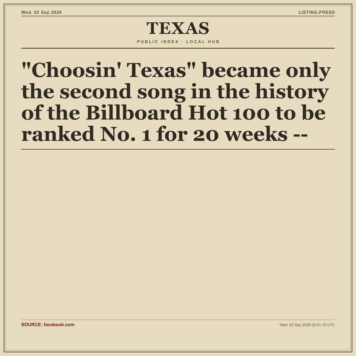 "Choosin' Texas" became only the second song in the history of the Billboard Hot 100 to be ranked No. 1 for 20 weeks --