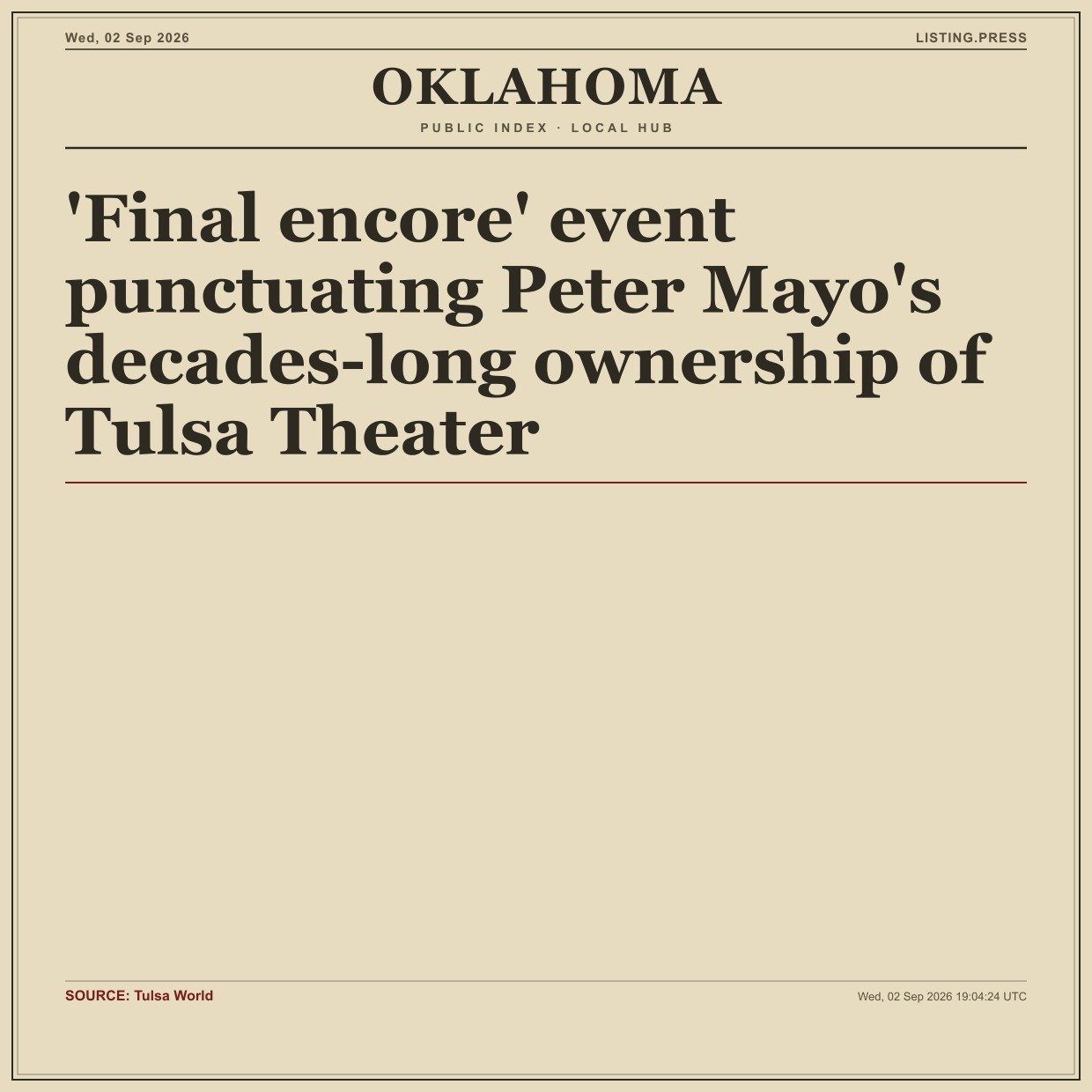 'Final encore' event punctuating Peter Mayo's decades-long ownership of Tulsa Theater