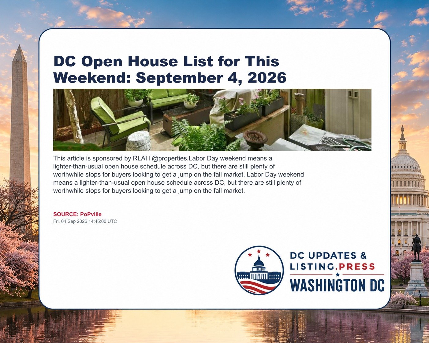 DC Open House List for This Weekend: September 4, 2026