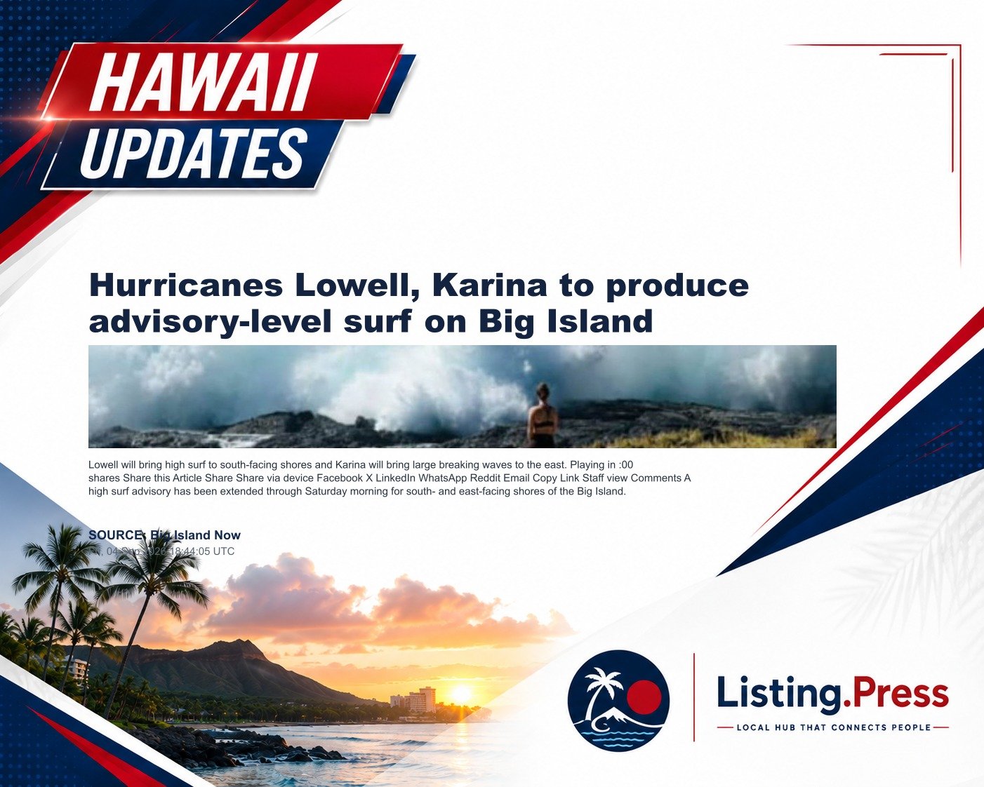 Hurricanes Lowell, Karina to produce advisory-level surf on Big Island