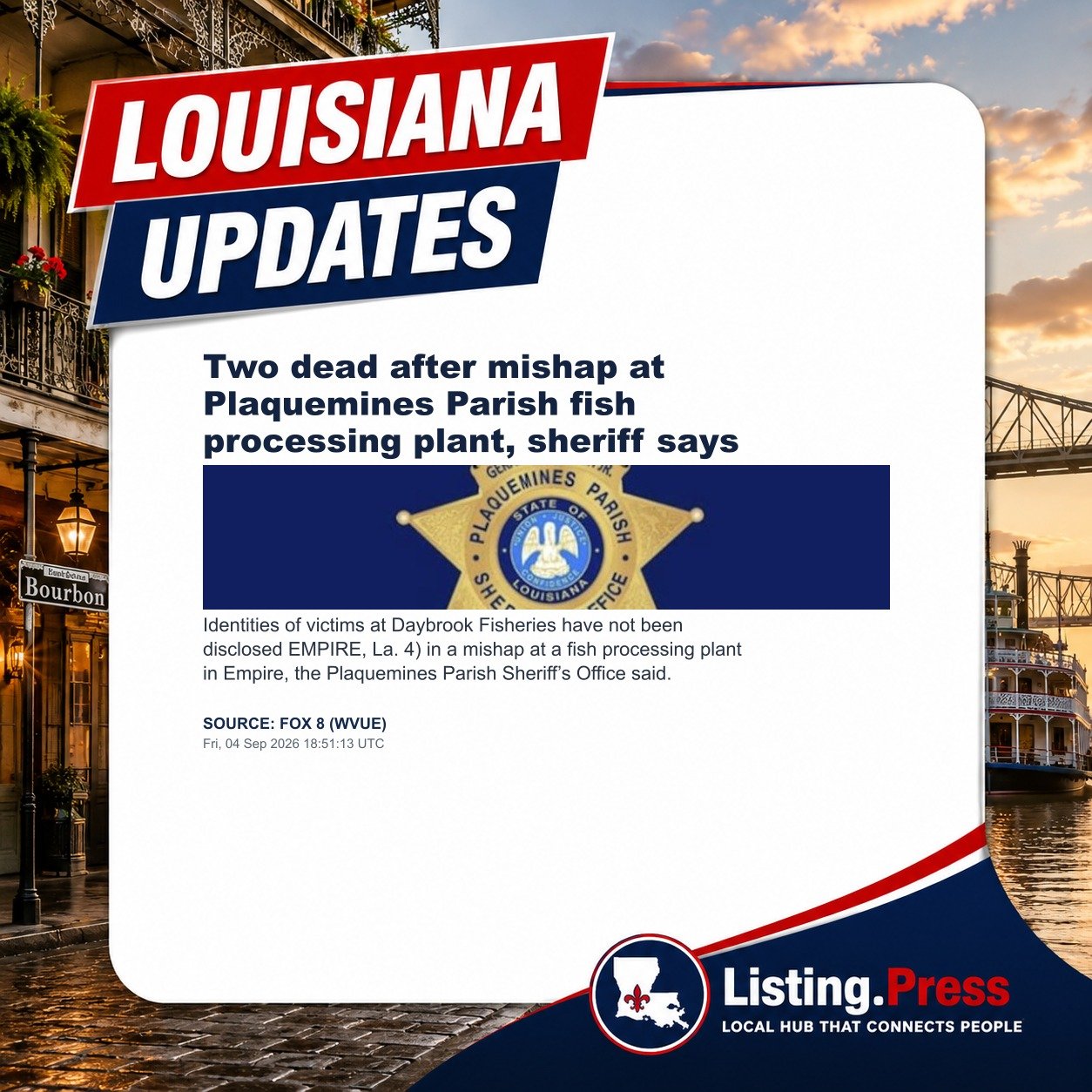 Two dead after mishap at Plaquemines Parish fish processing plant, sheriff says