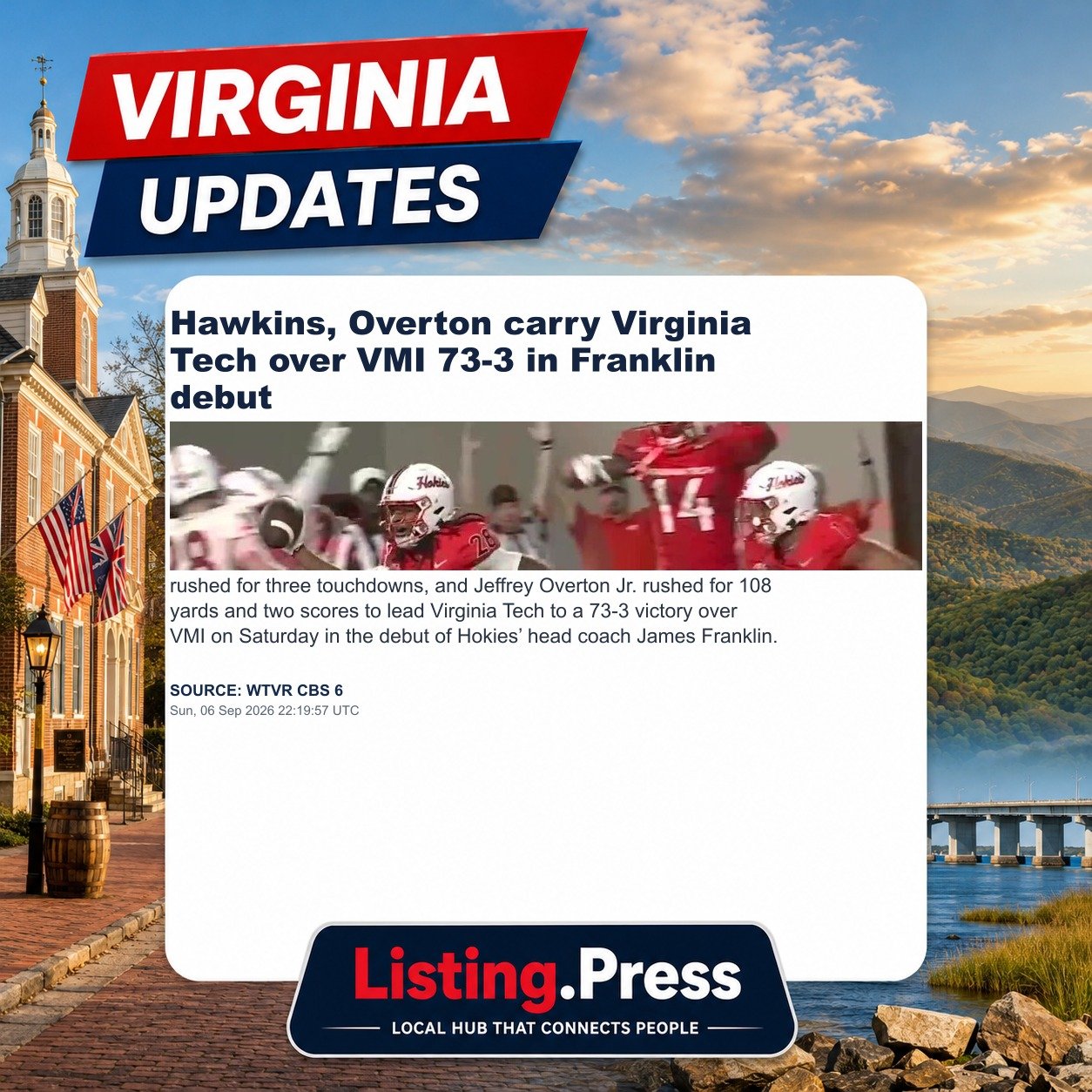 Hawkins, Overton carry Virginia Tech over VMI 73-3 in Franklin debut