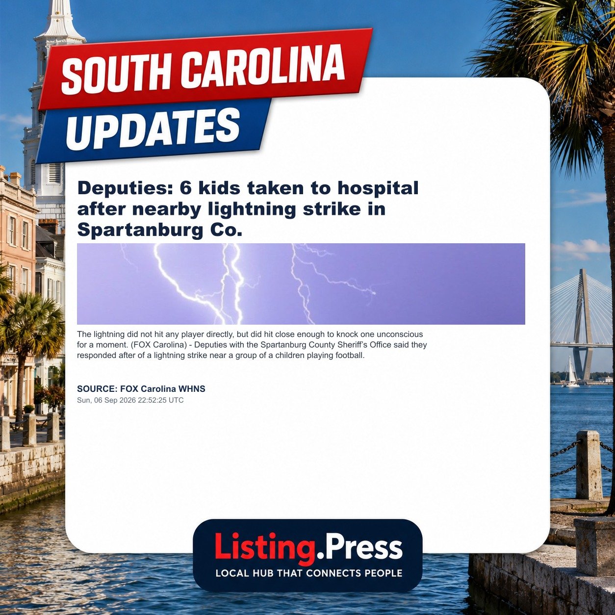 Deputies: 6 kids taken to hospital after nearby lightning strike in Spartanburg Co.