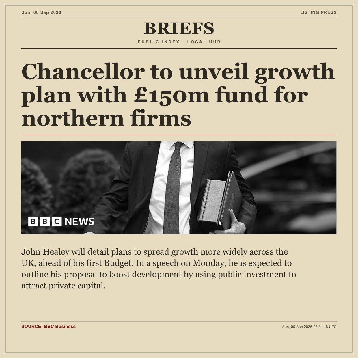 Chancellor to unveil growth plan with £150m fund for northern firms