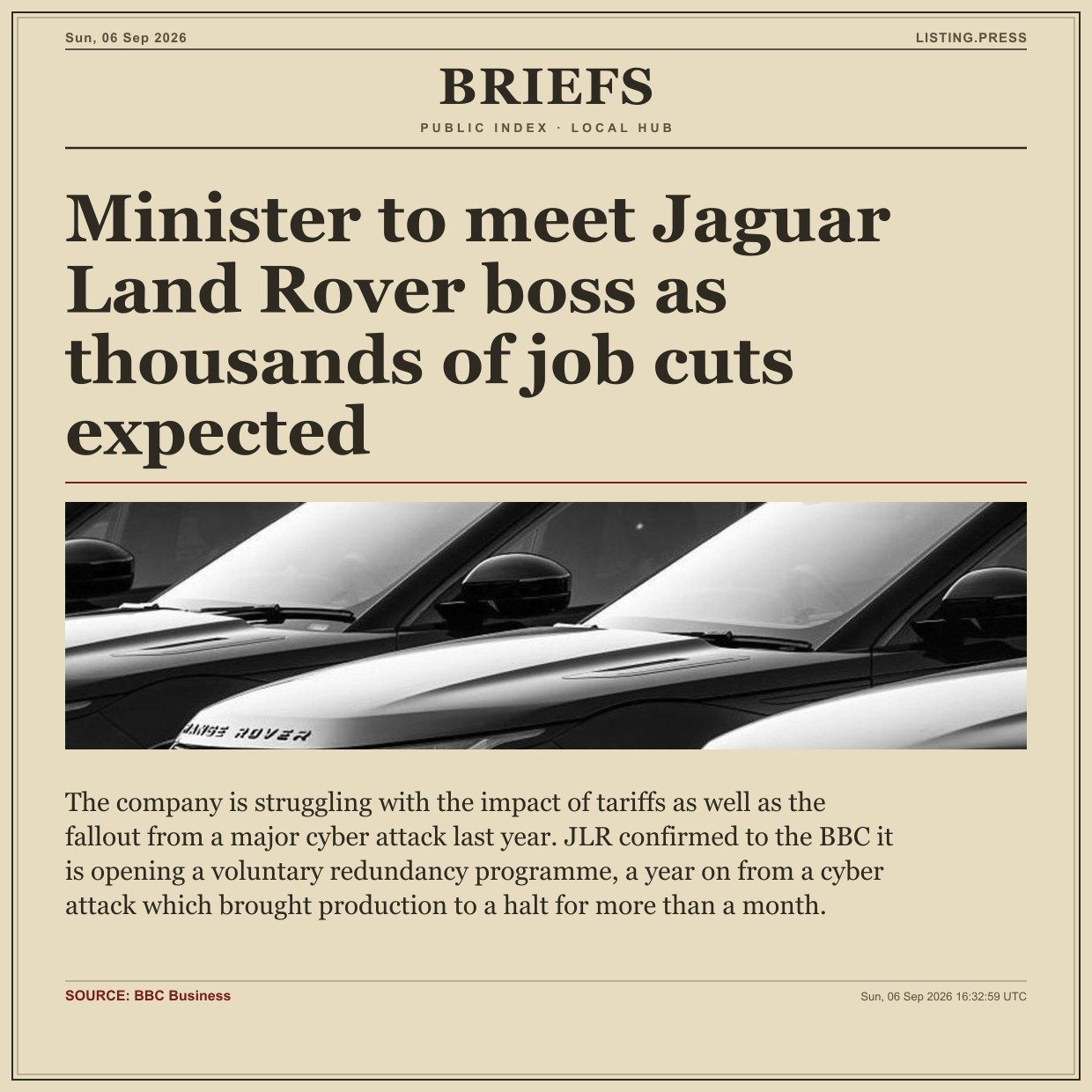 Minister to meet Jaguar Land Rover boss as thousands of job cuts expected