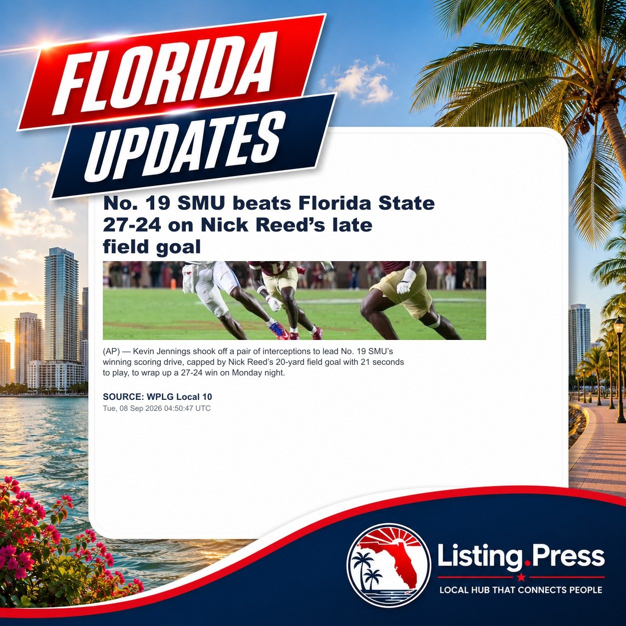 No. 19 SMU beats Florida State 27-24 on Nick Reed’s late field goal