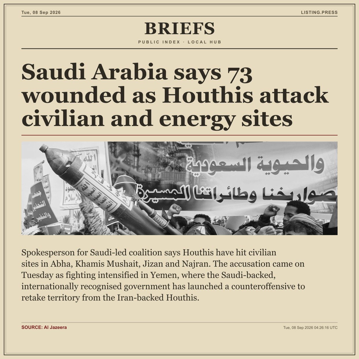 Saudi Arabia says 73 wounded as Houthis attack civilian and energy sites