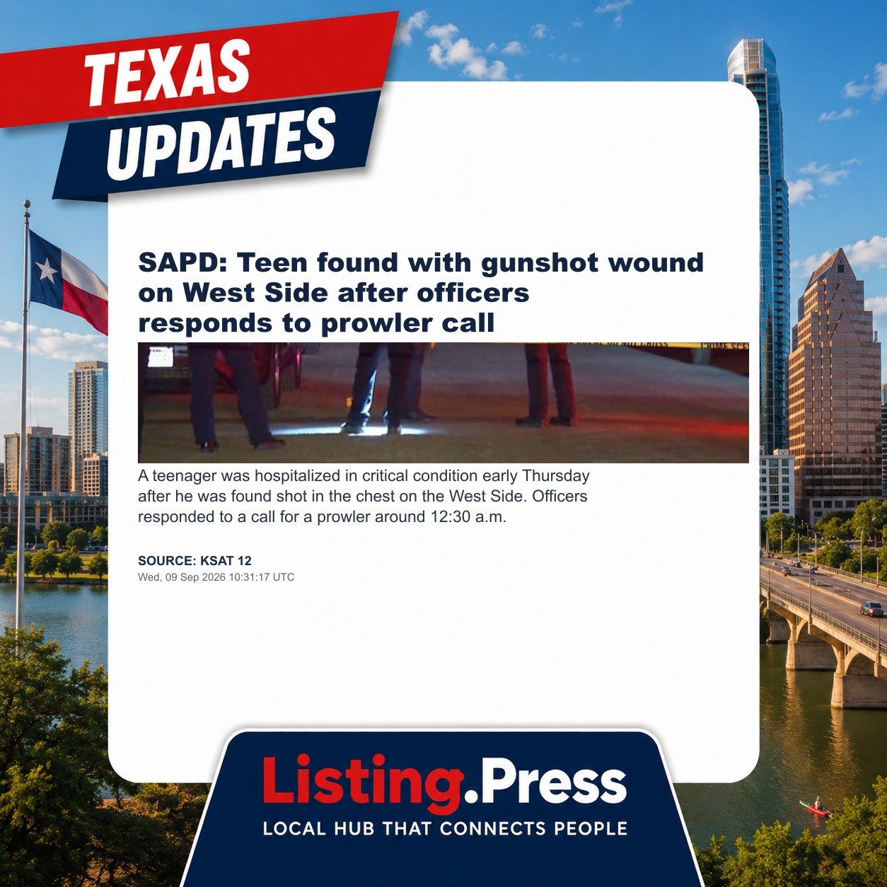 SAPD: Teen found with gunshot wound on West Side after officers responds to prowler call