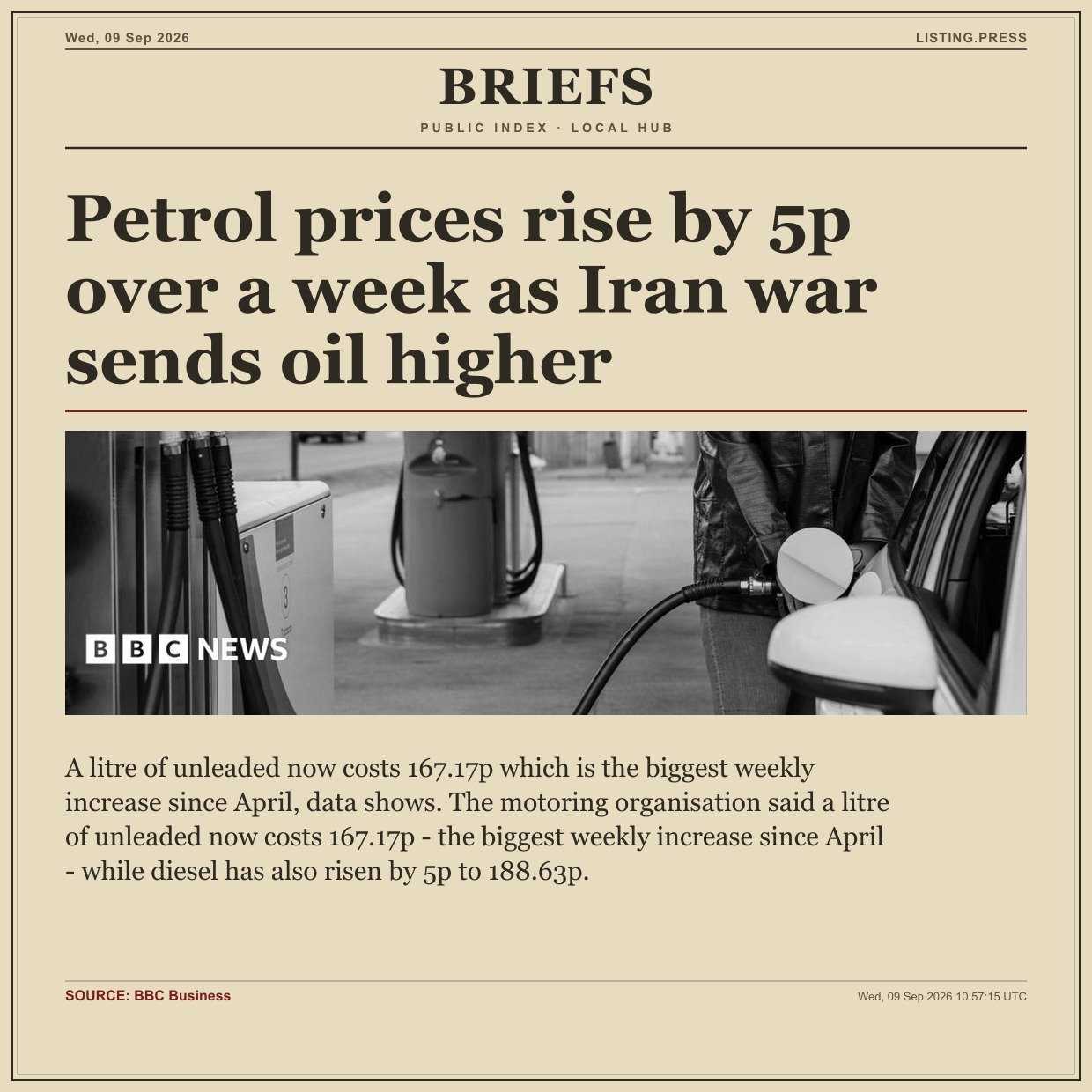 Petrol prices rise by 5p over a week as Iran war sends oil higher