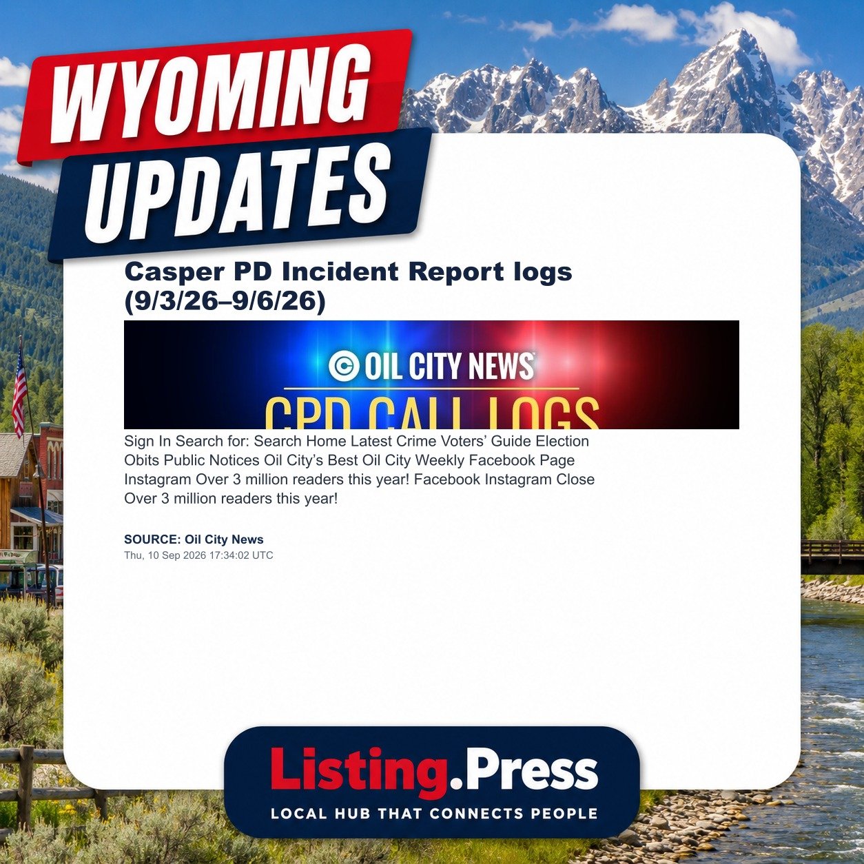Casper PD Incident Report logs (9/3/26–9/6/26)