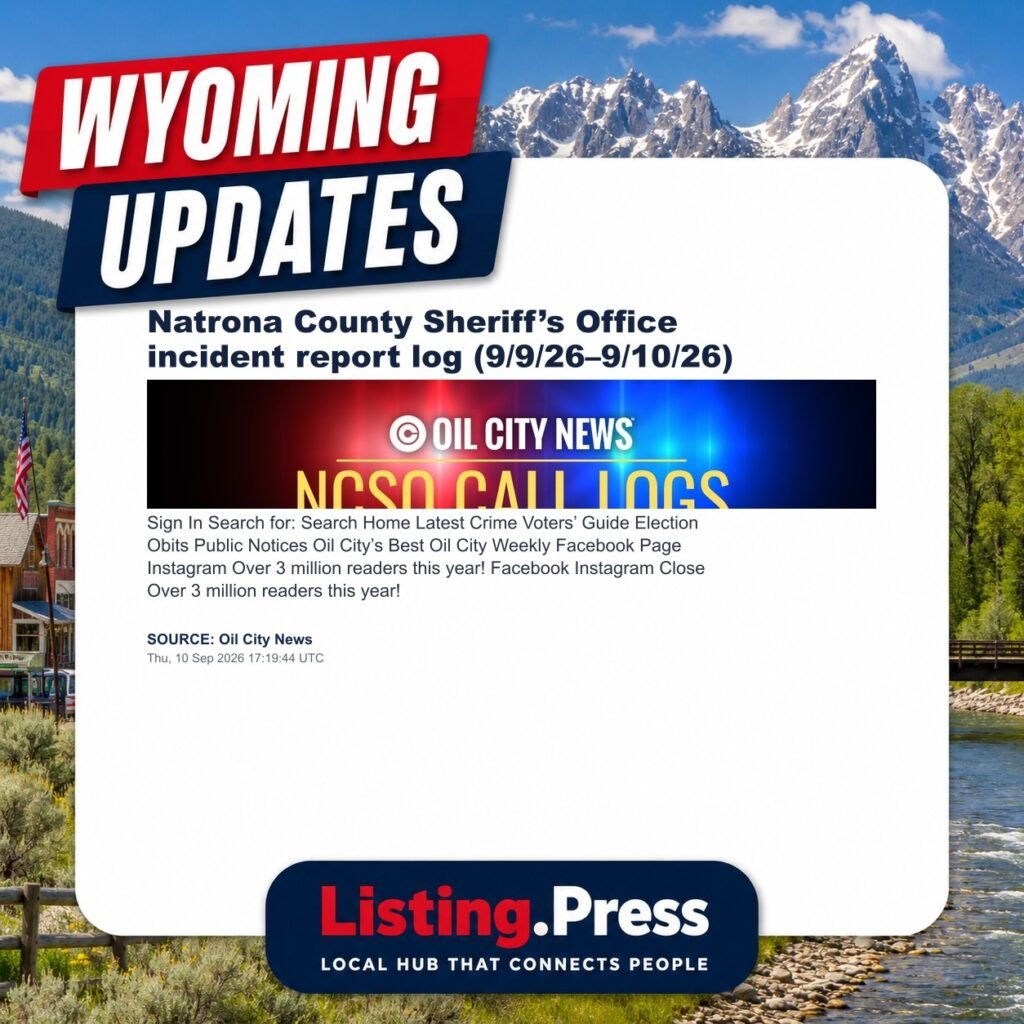 Natrona County Sheriff’s Office incident report log (9/9/26–9/10/26)