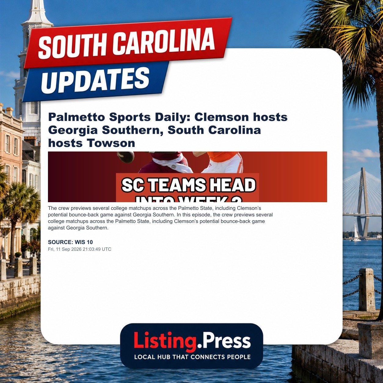 Palmetto Sports Daily: Clemson hosts Georgia Southern, South Carolina hosts Towson