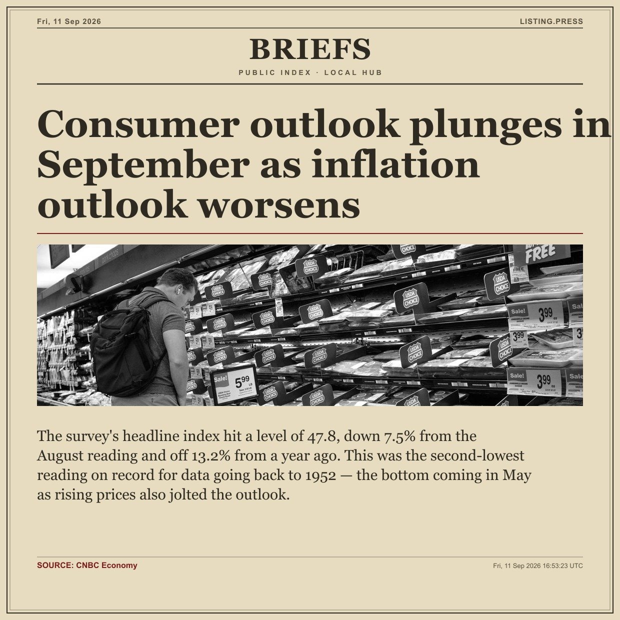 Consumer outlook plunges in September as inflation outlook worsens
