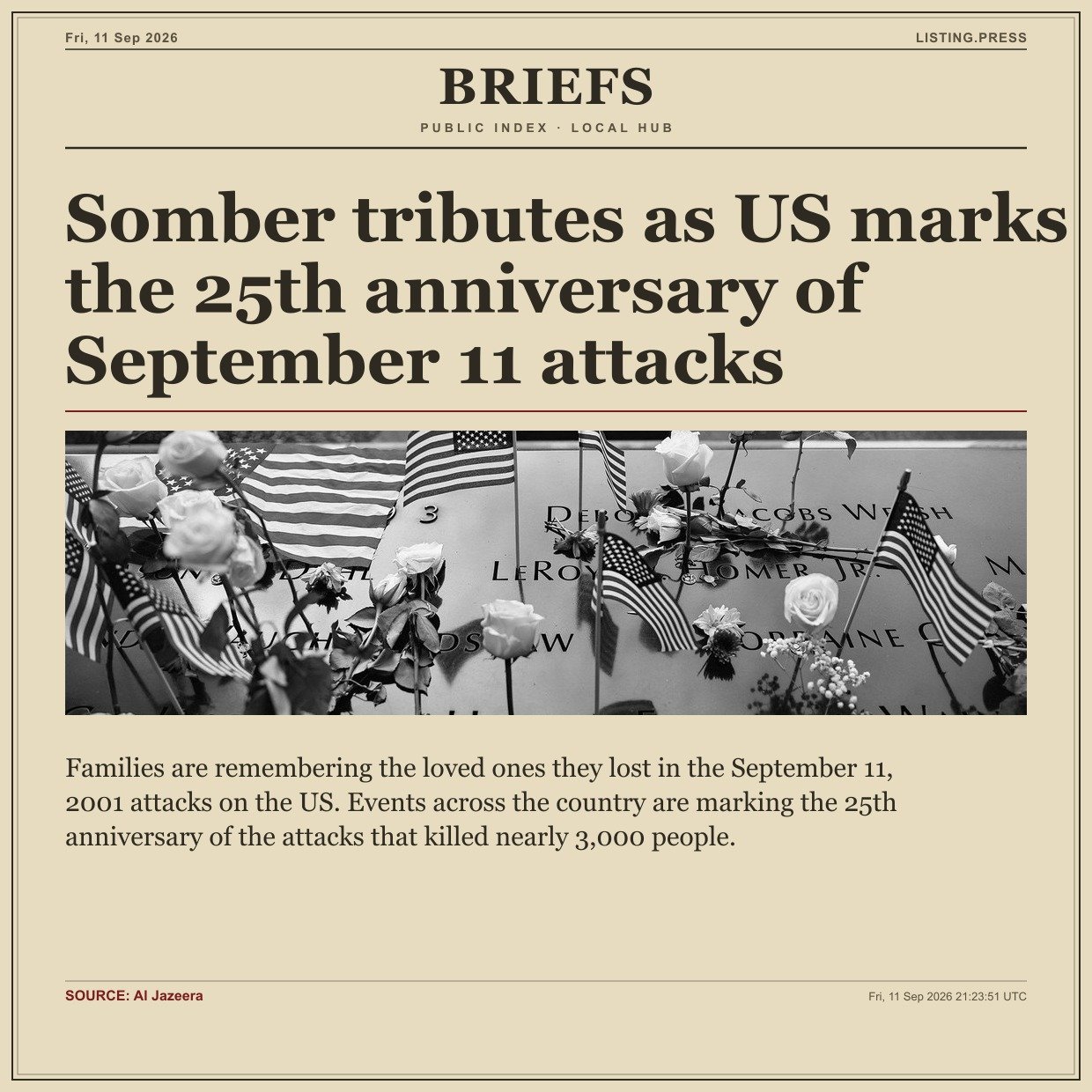 Somber tributes as US marks the 25th anniversary of September 11 attacks