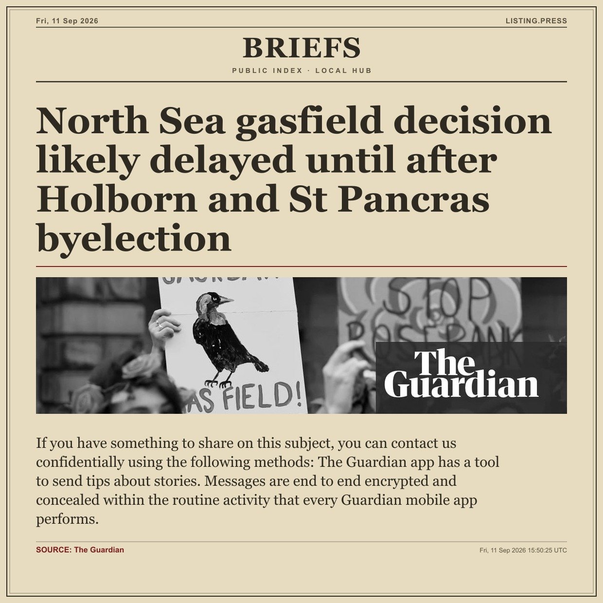North Sea gasfield decision likely delayed until after Holborn and St Pancras byelection