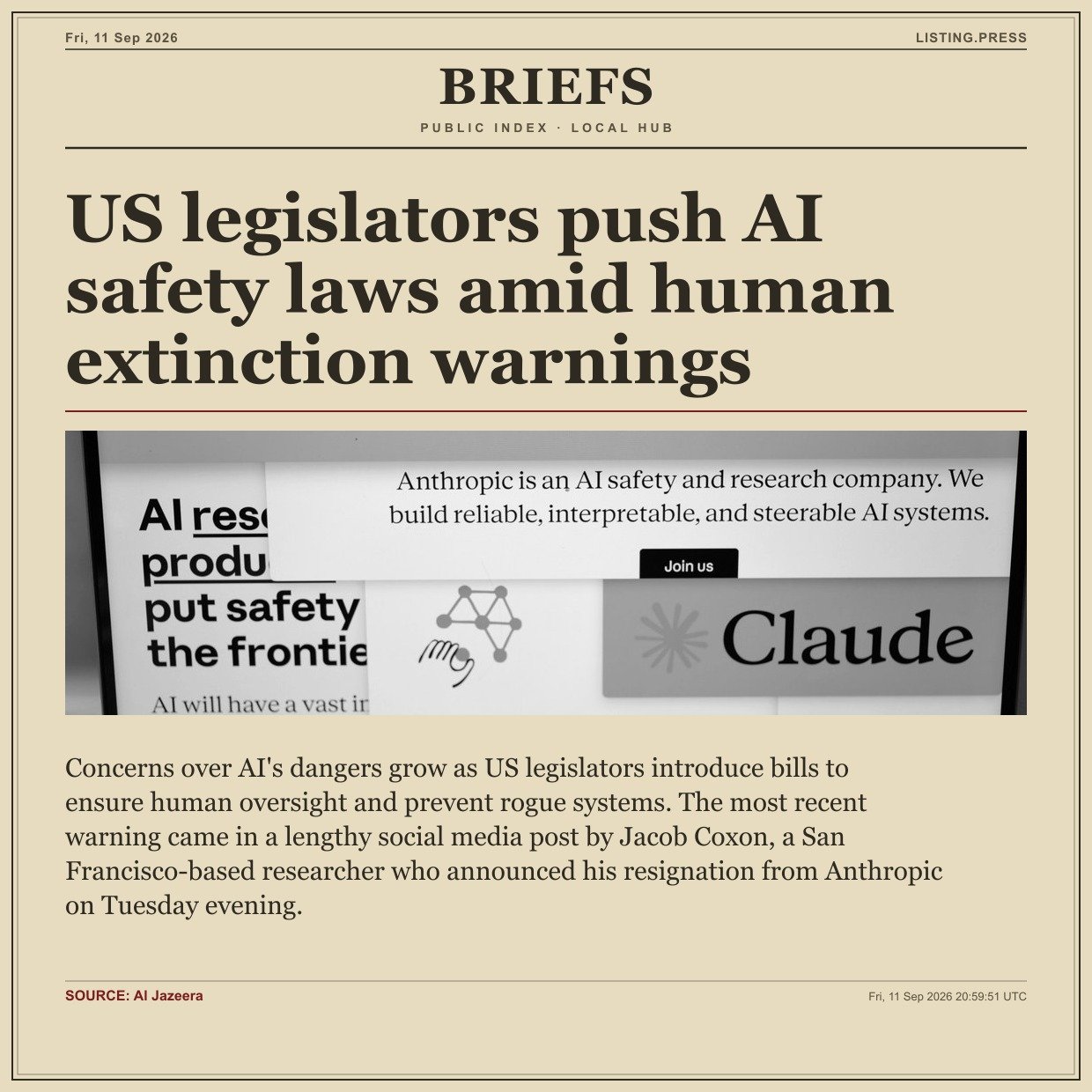 US legislators push AI safety laws amid human extinction warnings