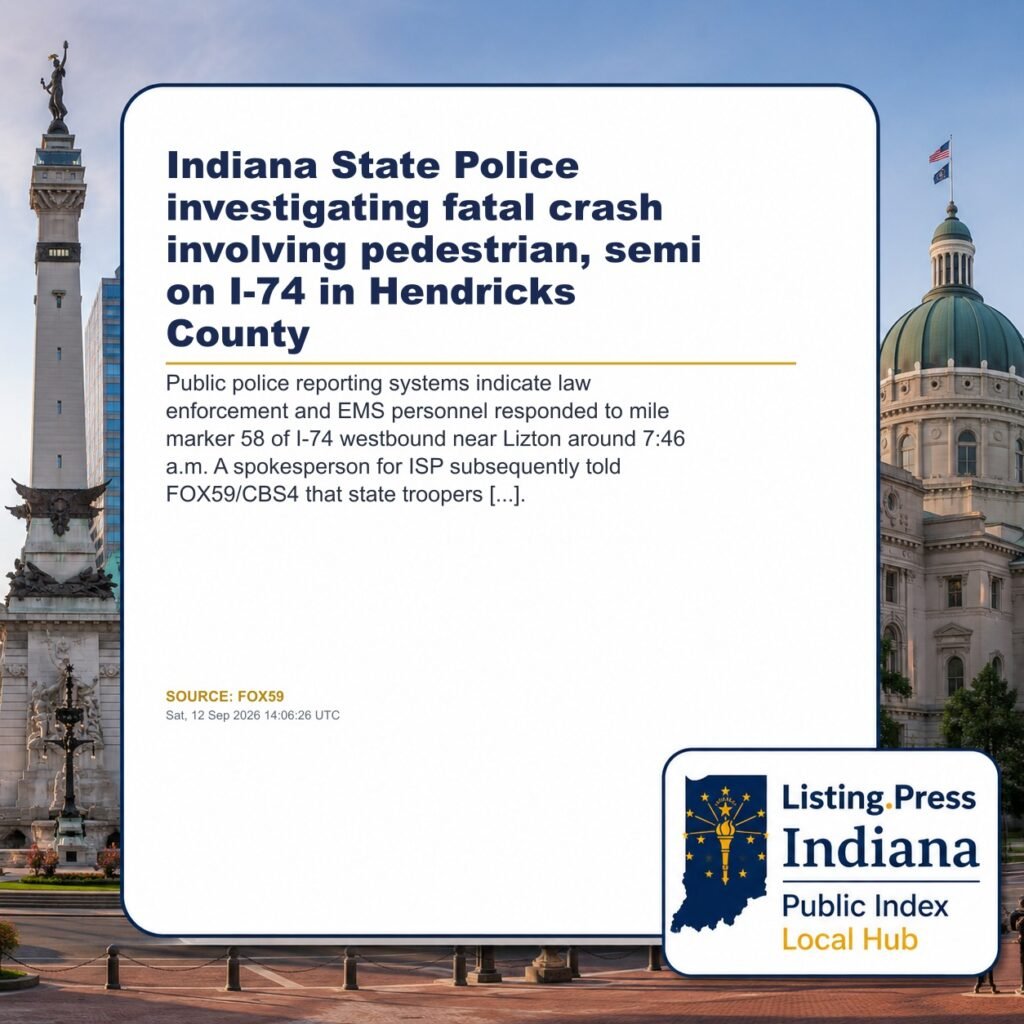 Indiana State Police investigating fatal crash involving pedestrian, semi on I-74 in Hendricks County
