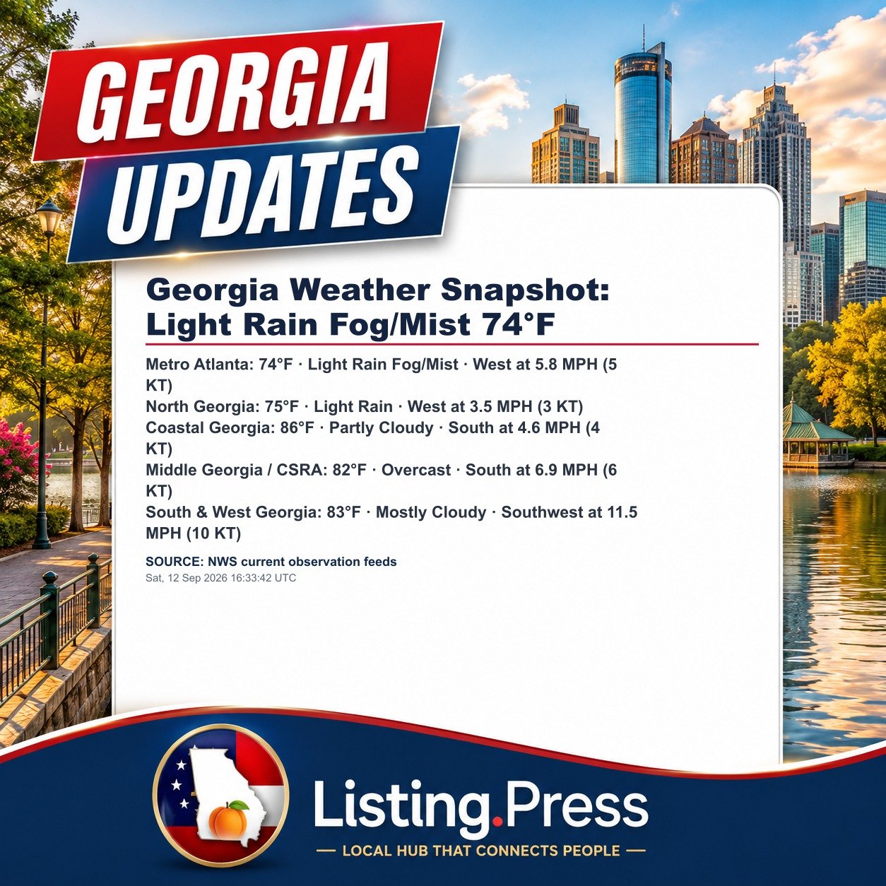 Georgia Weather Snapshot: Light Rain Fog/Mist 74°F