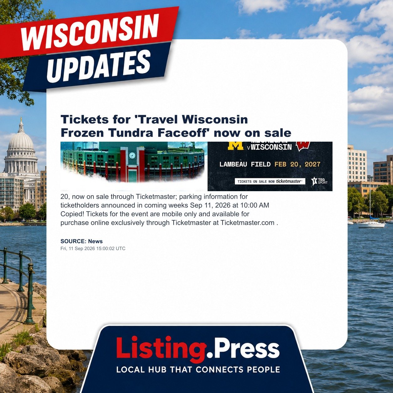 Tickets for 'Travel Wisconsin Frozen Tundra Faceoff' now on sale