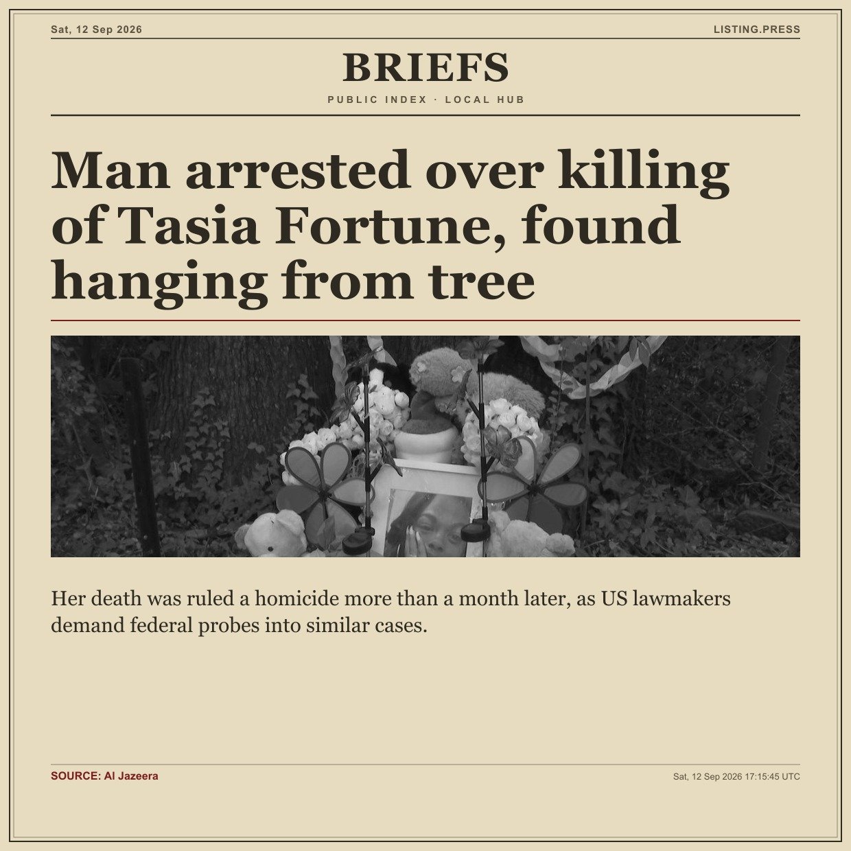 Man arrested over killing of Tasia Fortune, found hanging from tree