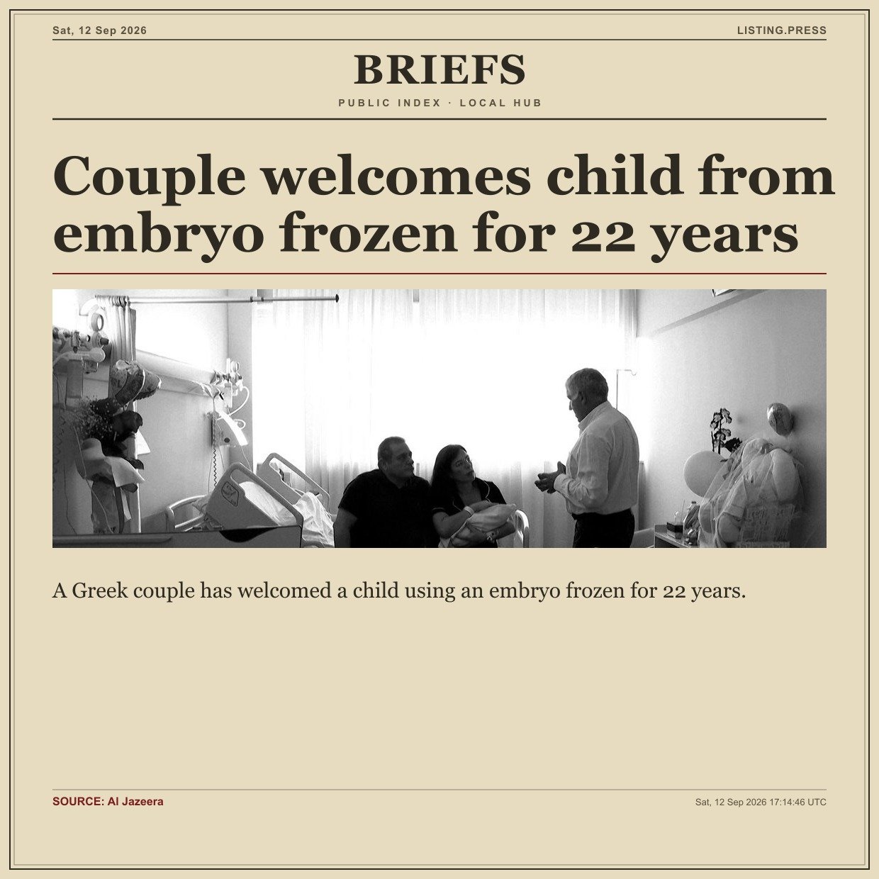 Couple welcomes child from embryo frozen for 22 years