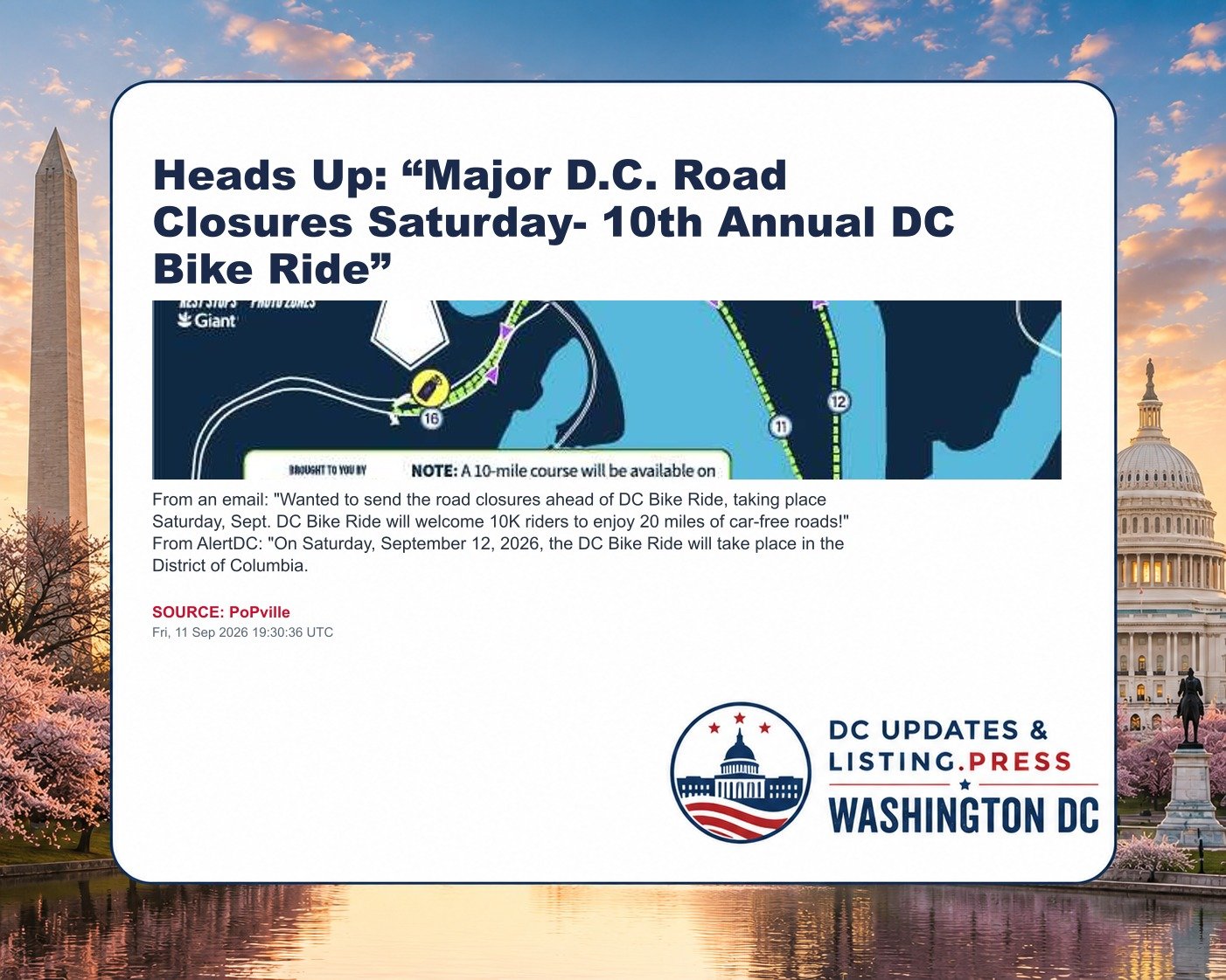 Heads Up: “Major D.C. Road Closures Saturday- 10th Annual DC Bike Ride”