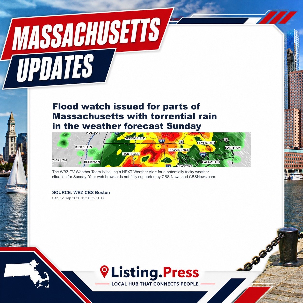 Flood watch issued for parts of Massachusetts with torrential rain in the weather forecast Sunday