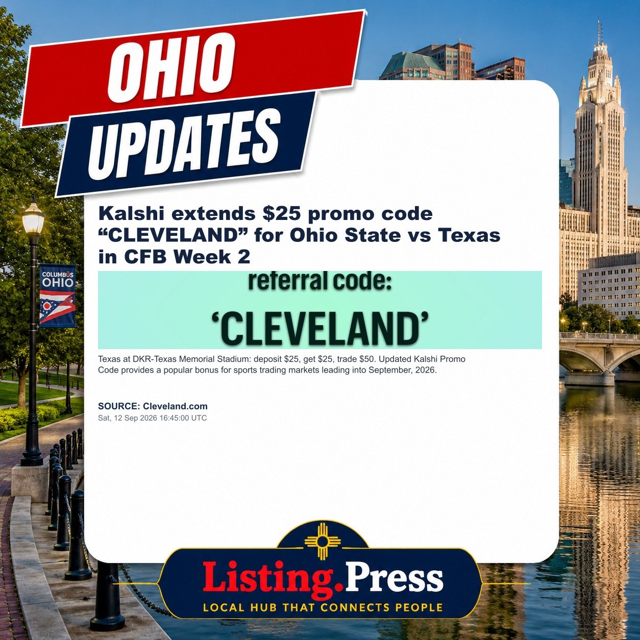 Kalshi extends $25 promo code “CLEVELAND” for Ohio State vs Texas in CFB Week 2
