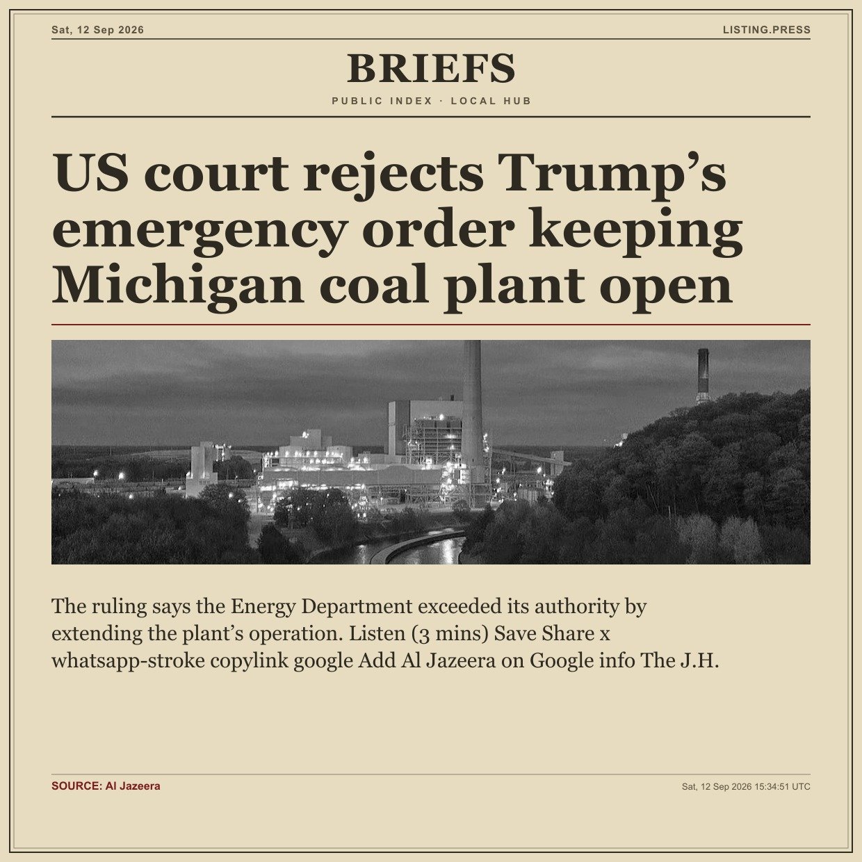 US court rejects Trump’s emergency order keeping Michigan coal plant open