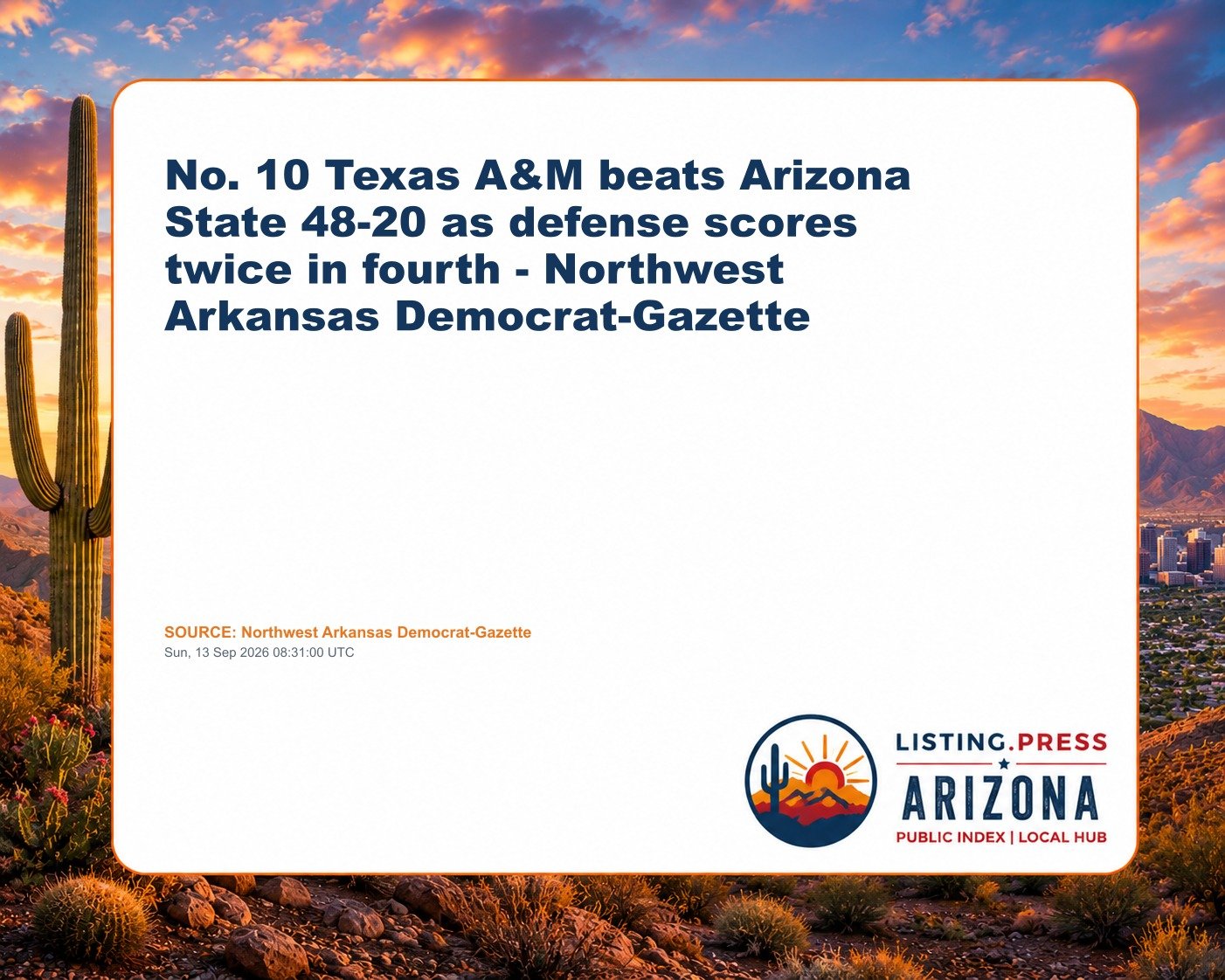 No. 10 Texas A&M beats Arizona State 48-20 as defense scores twice in fourth - Northwest Arkansas Democrat-Gazette