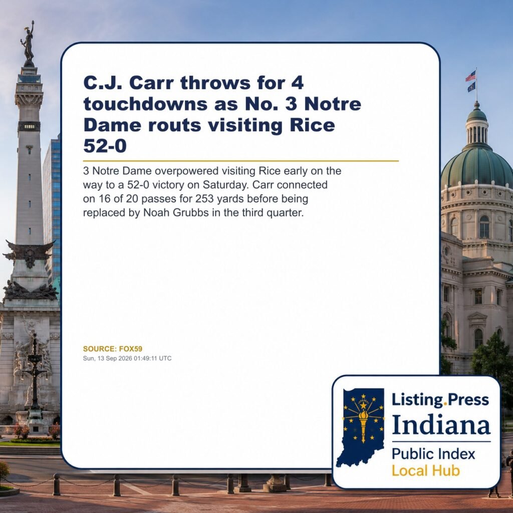 C.J. Carr throws for 4 touchdowns as No. 3 Notre Dame routs visiting Rice 52-0