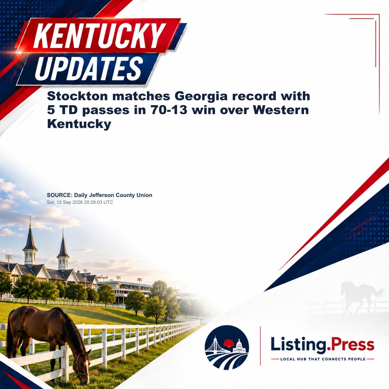 Stockton matches Georgia record with 5 TD passes in 70-13 win over Western Kentucky