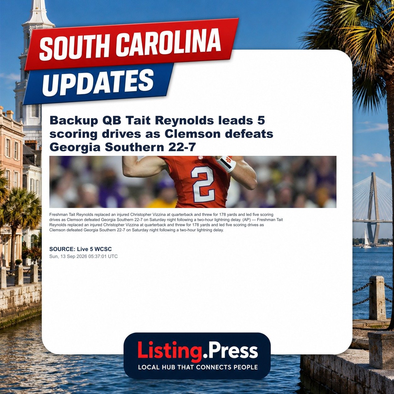 Backup QB Tait Reynolds leads 5 scoring drives as Clemson defeats Georgia Southern 22-7