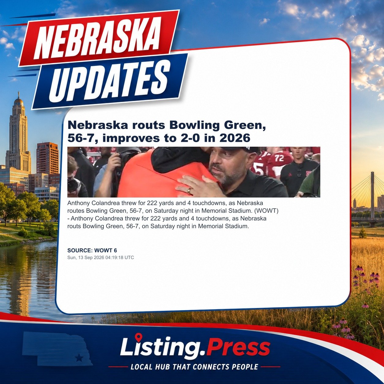 Nebraska routs Bowling Green, 56-7, improves to 2-0 in 2026